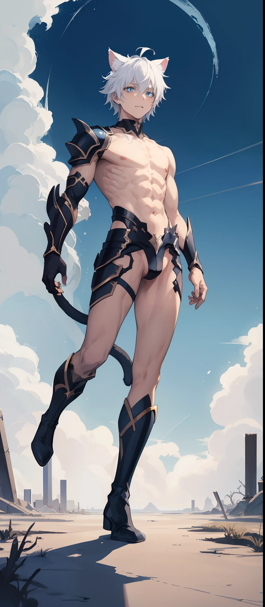 1boy, toned, sharp cat ears, cat tail, white messy hair, wide sky blue eyes, divine powers, HD, masterpiece, vibrant, black boots, dead expression, dull white armor, full body view, horror, cosmic, topless