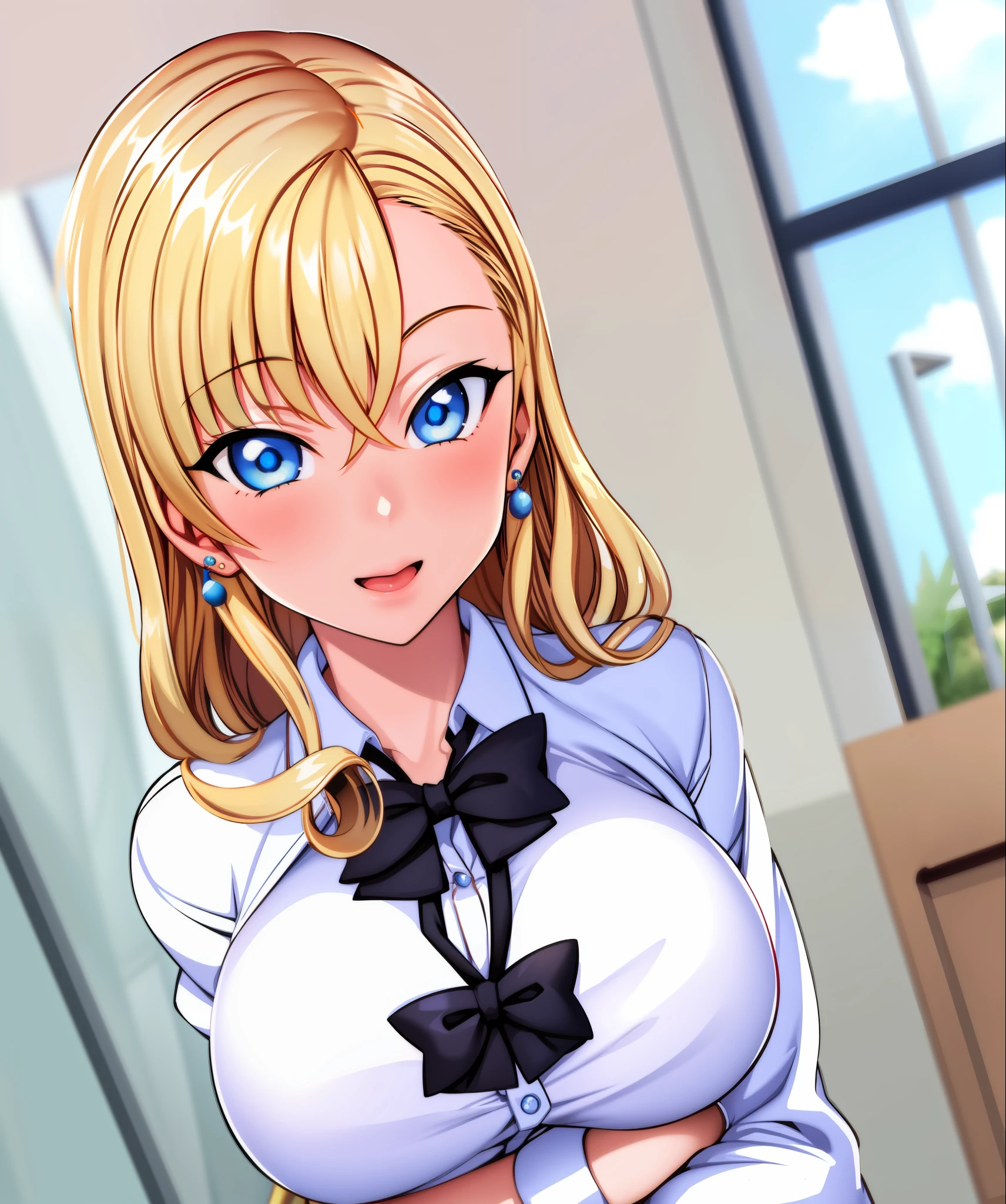 1girl, aiue oka, blonde hair, blue eyes, bow, bowtie, breast hold, earrings, gyaru, hair twirling, jewelry, large breasts, long hair, school uniform, solo, upper body, naked