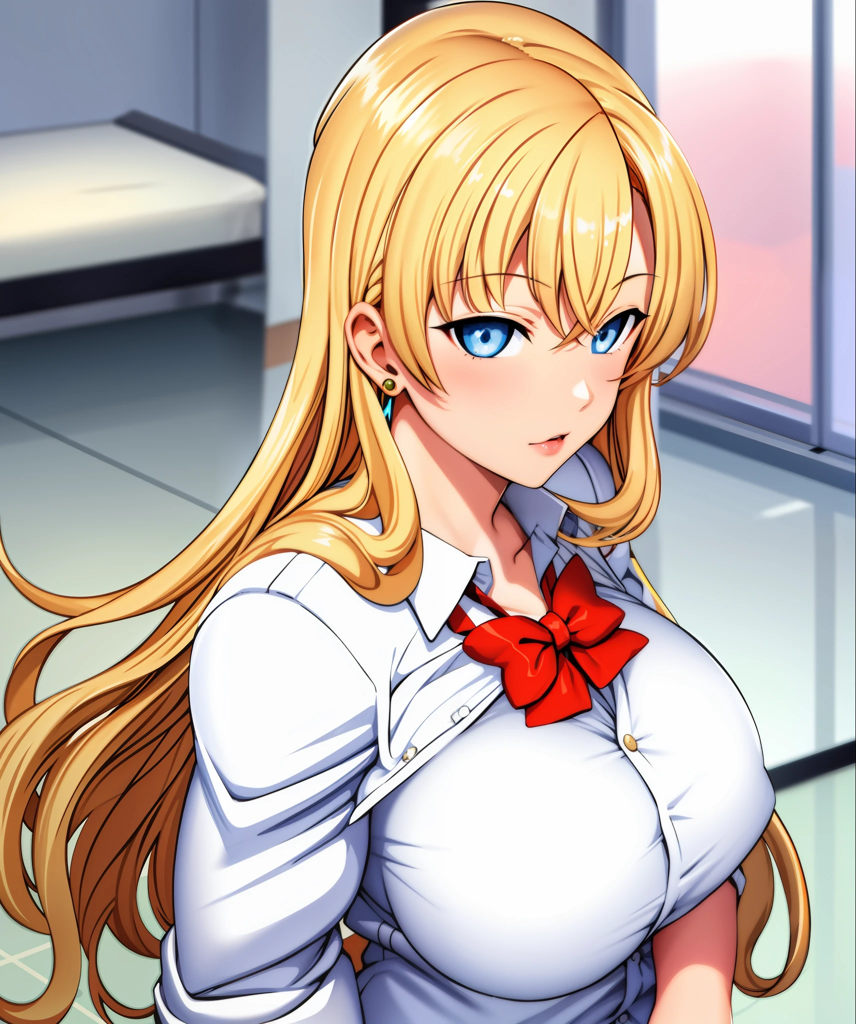 1girl, aiue oka, blonde hair, blue eyes, bow, bowtie, breast hold, earrings, gyaru, hair twirling, jewelry, large breasts, long hair, school uniform, solo, upper body, naked