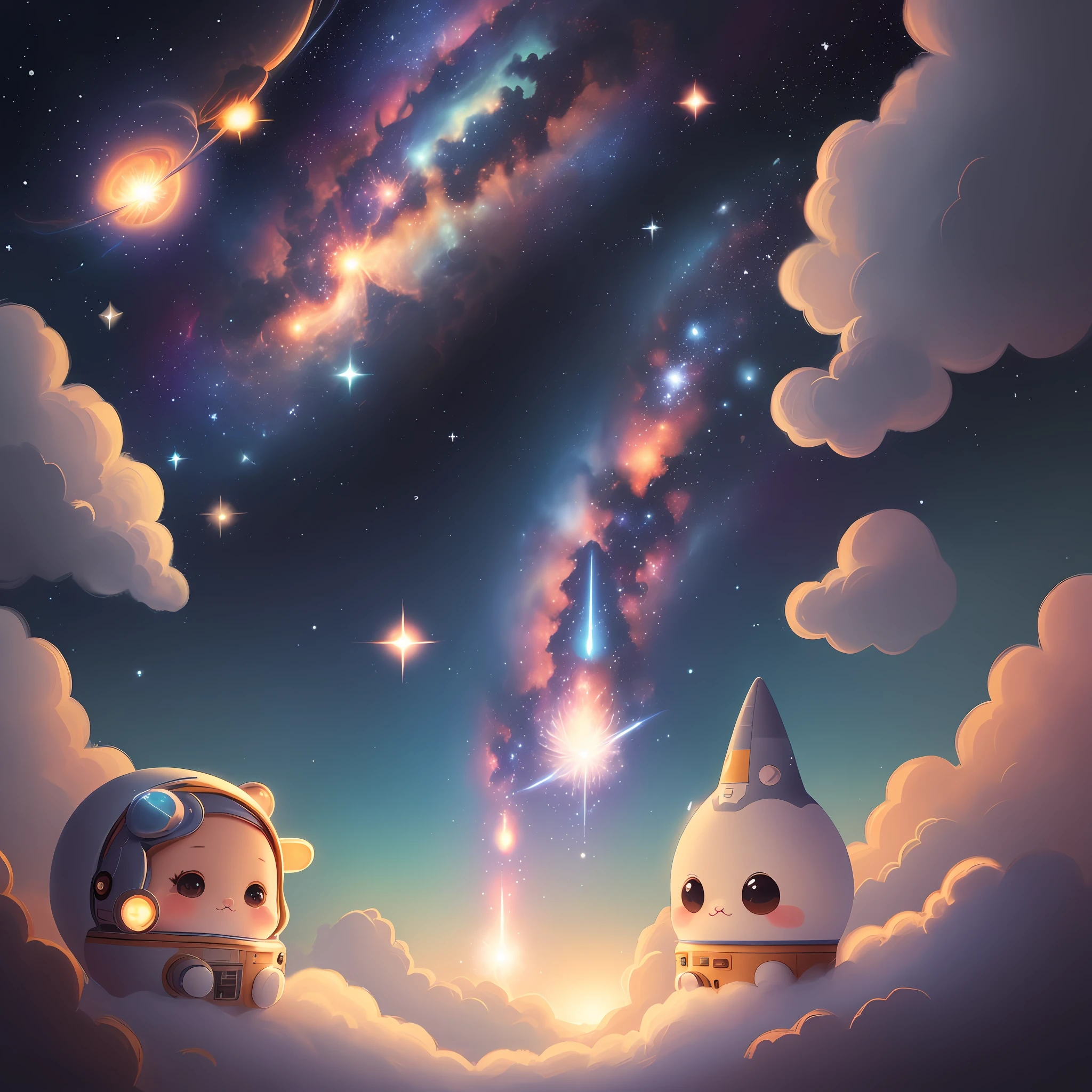galaxies, rocket, planets, stars, cute illustration, cute art. digital art, illustrated in whimsical style, cute features, cozy calm, detailed and cute digital art
