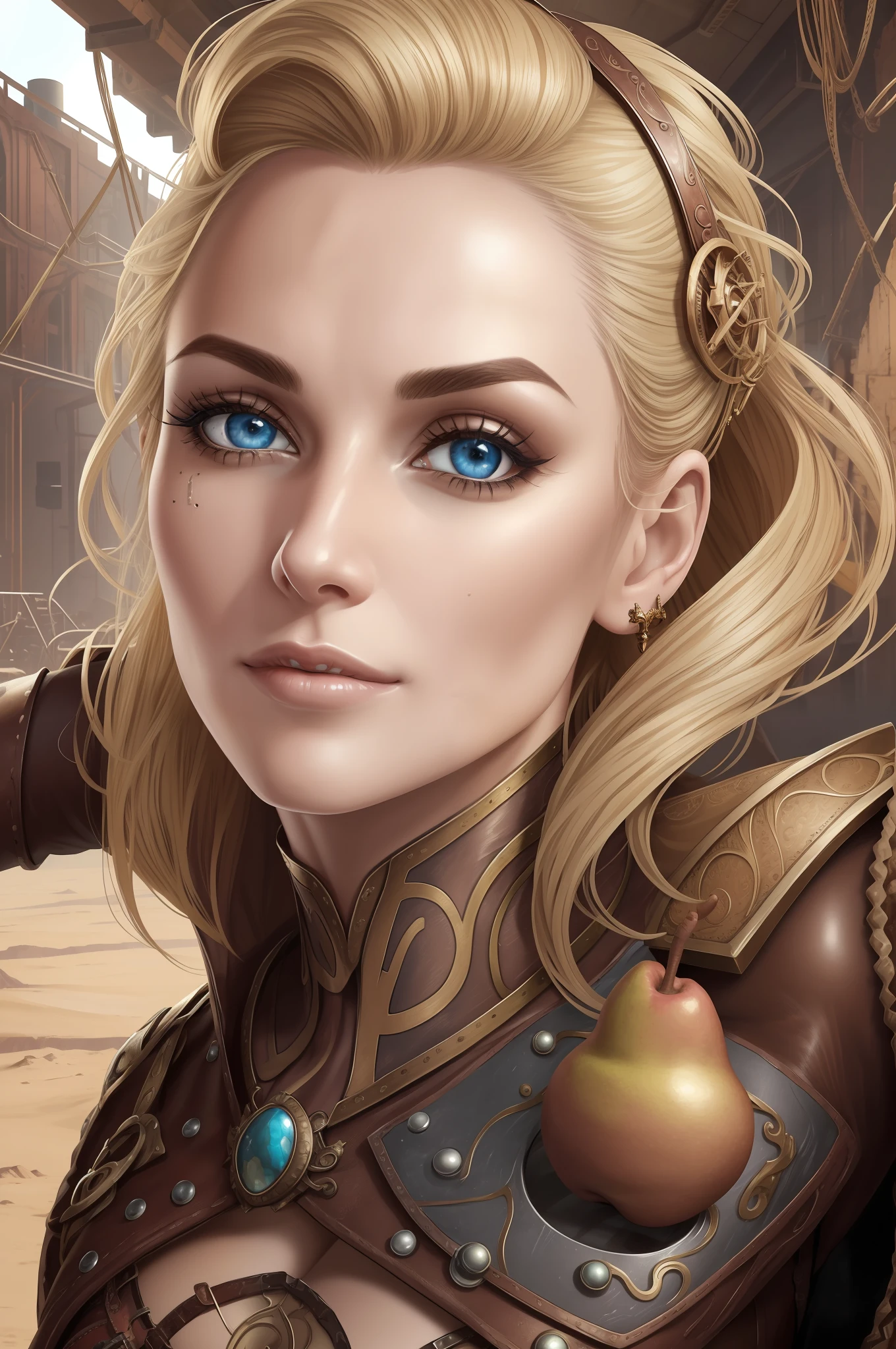 1girl, mature woman, worm&#39;s eye view, full body, (Fit, Abs, Athletic:0.4), (Wink:0.7), (aerial landscape, Weird West Themes, Factory Location1.0) (masterpiece, hypermaximalist, maximalism, best quality . , Realistic: 1.0), (Pear-shaped face, Rough facial features, Rough aged jaw, Textured skin, Pronounced wrinkles: 1.2), (Beautiful face, Detailed face, Beautiful eyes, Detailed eyes, Eyes beautiful and detailed: 1.0), Minstrel wearing Metal shirt Medium blonde hair flying around