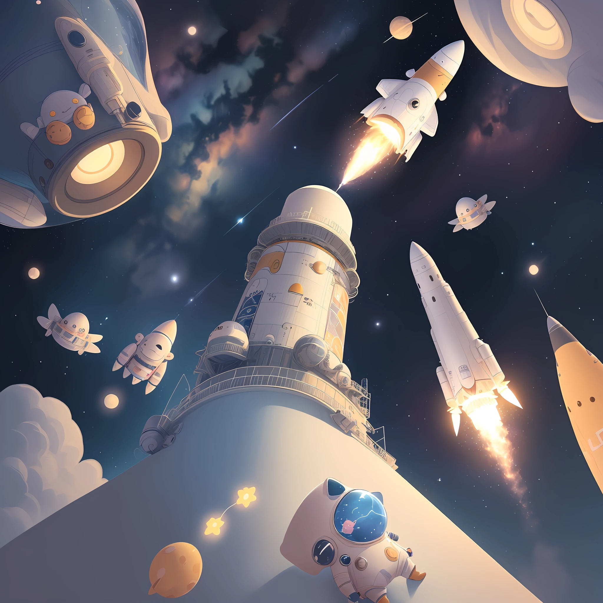 Space, rocket, stars and meteors illustration for kids, cute illustration, cute art, cute characters, cute digital art, illustrated in whimsical style, children's illustration, cute features, illustration, illustrations, cozy calm! textile fabrics, repeating fabric pattern, detailed and cute digital art