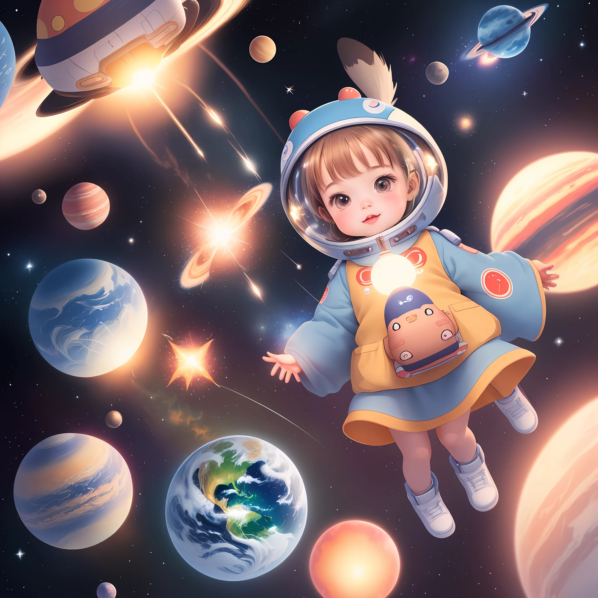 rocket, planets, stars illustration for children, cute illustration, cute art, cute characters, cute digital art, illustrated in whimsical style, children's illustration, cute features, illustration, illustrations, cozy calm, repeating pattern, detailed and cute digital art