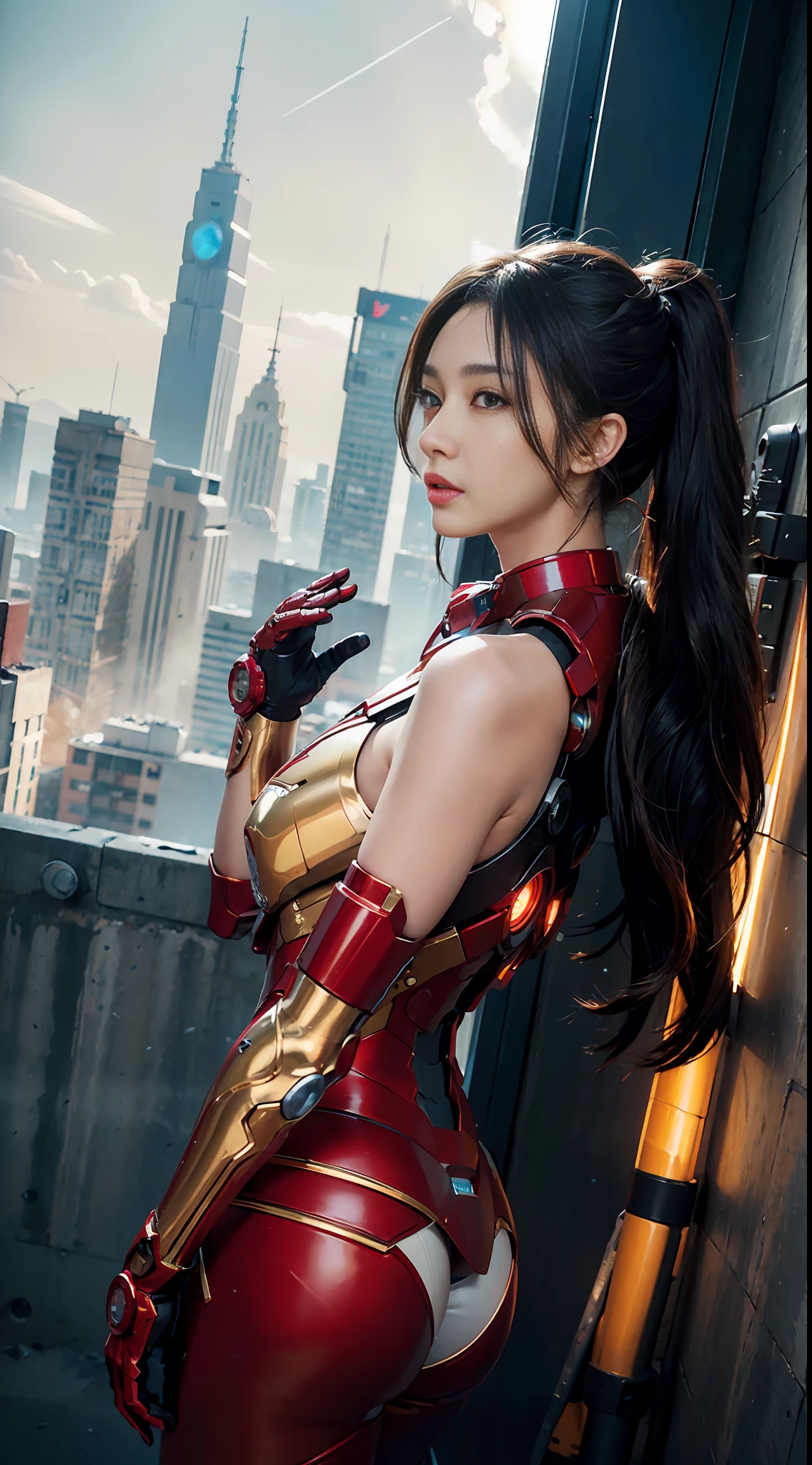 RAW, Masterpiece, Ultra Fine Photo,, Best Quality, Ultra High Resolution, Photorealistic, Sunlight, Full Body Portrait, Stunningly Beautiful,, Dynamic Poses, Delicate Face, Vibrant Eyes, (Side View) , she is wearing a futuristic Iron Man mech, red and gold color scheme, highly detailed abandoned warehouse background, detailed face, detailed and complex busy background, messy, gorgeous, milky white, high detailed skin, realistic skin details, visible pores , sharp focus, volumetric fog, 8k uhd, dslr camera, high quality, film grain, fair skin, photorealism, lomography, sprawling metropolis in futuristic dystopia, view from below, translucent