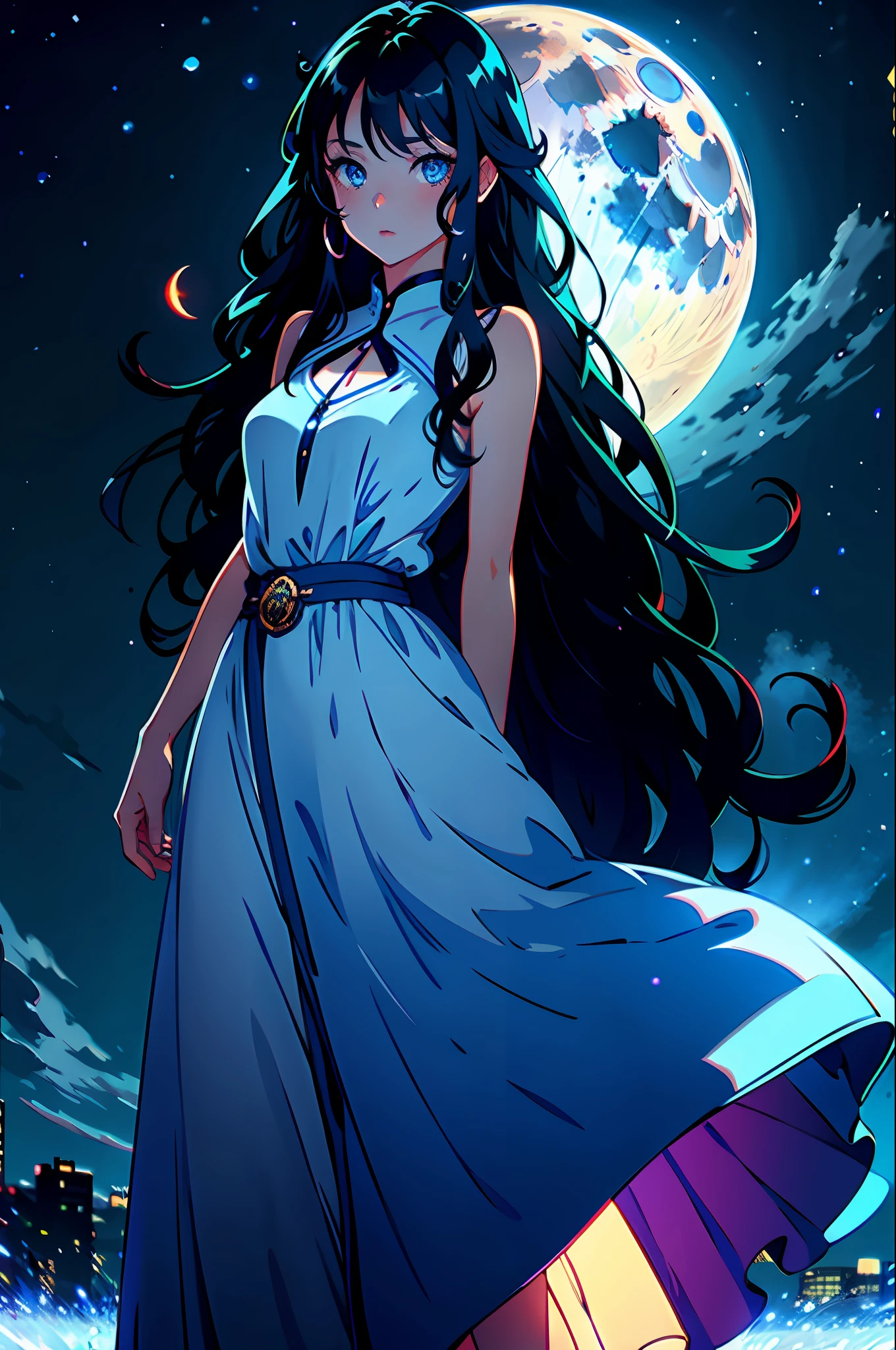 1 girl, alone, long wavy black hair, blue eyes with bright pupils, long dress, close-up, night background, full moon, bluish light,