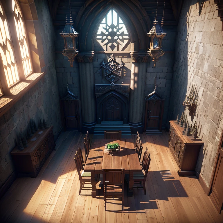 A 2d dnd battlemap (grid) of a ((forest fortress, square rooms)), with ((ornate furniture)), 3d scene, unreal engine 5, global illumination, rtx, ssl, ((octane render)), fine details, paths, rooms