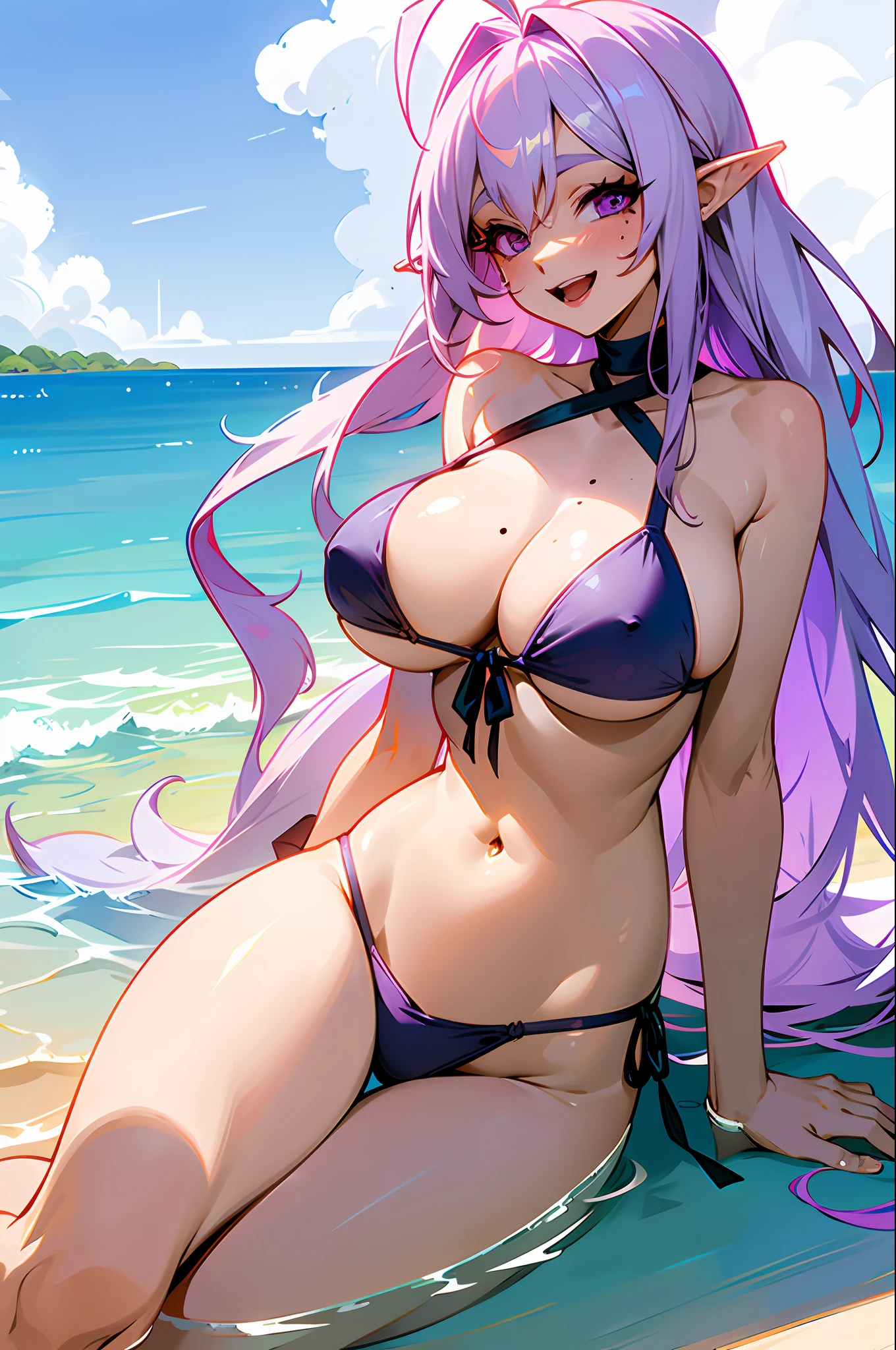 masterpiece, best quality, on the beach, girl, light purple hair, long hair, very long hair, ahoge, moles under the eyes, pointy ears, laughing, watery eyes, eyeshadow, huge breasts, a Breasts, Bikini Top Only, Side-Tie Bikini Bottoms, Side Bikini, Bikini Under Clothes, Bare Legs, No Leggings,