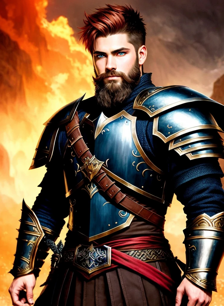 man with short beard, epic rpg portrait, fantasy male portrait, rpg portrait concept art, male warrior, fantasy concept art portrait, epic portrait illustration, detailed character portrait, one human warrior, big black armor with details red, full armor, blue eyes, short hair, holding a black greatsword, brown hair, dungeons and dragons character