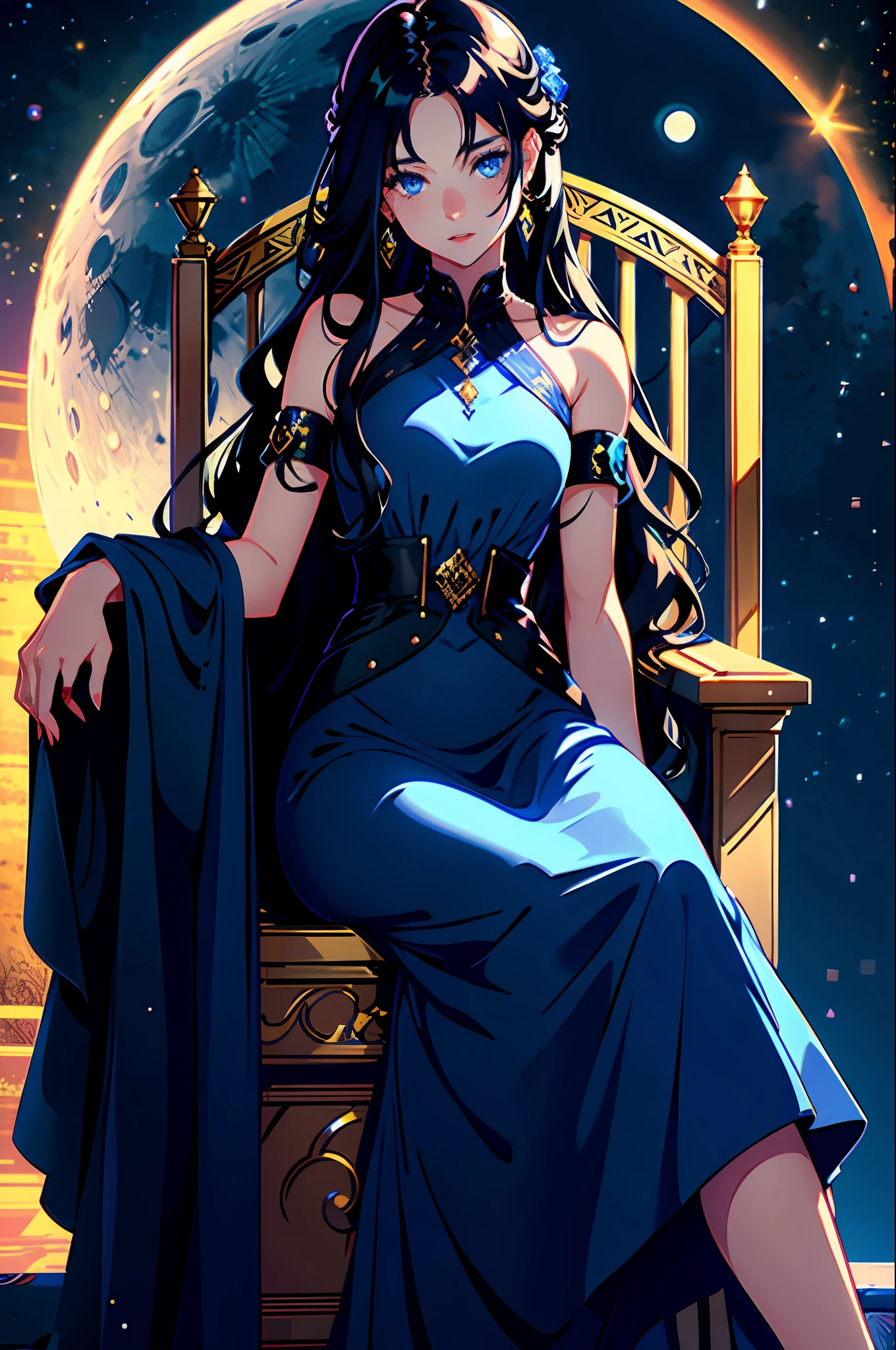 1 girl, alone, long wavy black hair, blue eyes with bright pupils, long dress, close-up, sitting on a throne, night background, full moon, bluish light,
