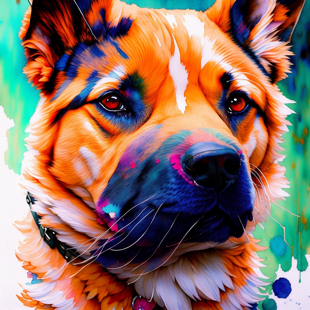 wtrcolor style, Digital art of (dog character), official art, frontal, smiling, masterpiece, Beautiful, ((watercolor)), face paint, paint splatter, intricate details. Highly detailed, detailed eyes, [dripping:0.5], Trending on artstation, by Rachel Walker