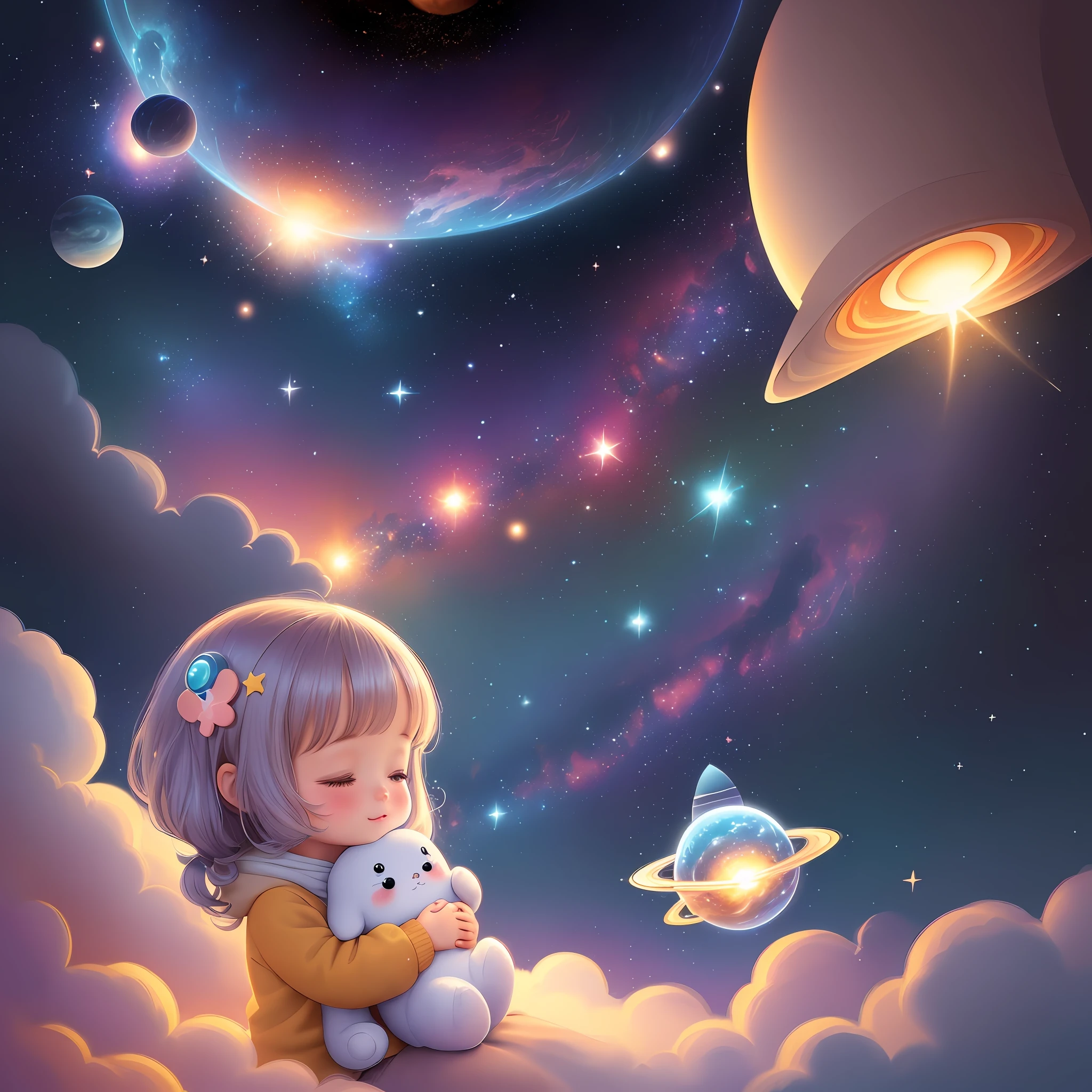 galaxies, rocket, planets, stars illustration for children, cute illustration, cute art, cute characters, cute digital art, illustrated in whimsical style, children's illustration, cute features, illustration, illustrations, cozy calm, cute detailed digital art