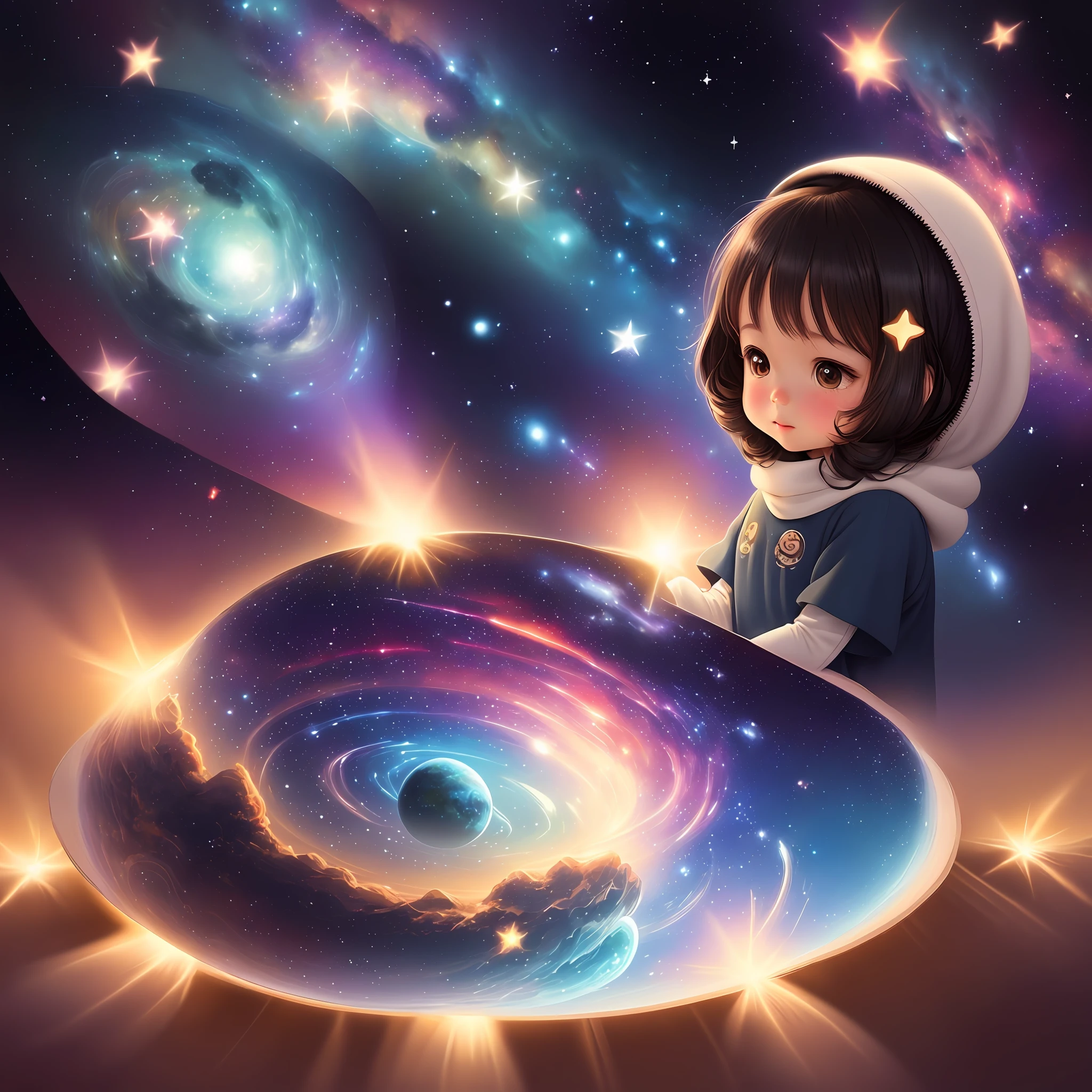 galaxies, planets, stars, children's illustration, cute illustration, cute art, cute characters, cute digital art, illustrated in whimsical style, children's illustration, cute features, illustration, illustrations, cozy calm, cute detailed digital art
