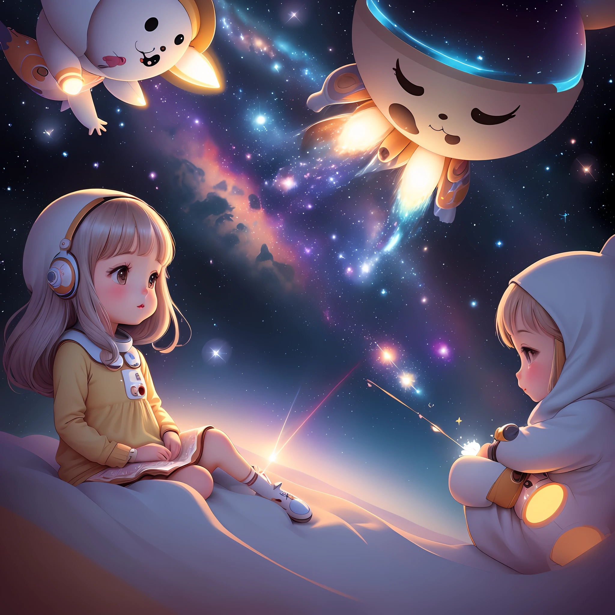 galaxies, rocket, planets, stars, cute illustration, cute art, cute characters, cute digital art, illustrated in whimsical style, children&#39;s illustration, cute features, illustration, cozy calm, cute detailed digital art