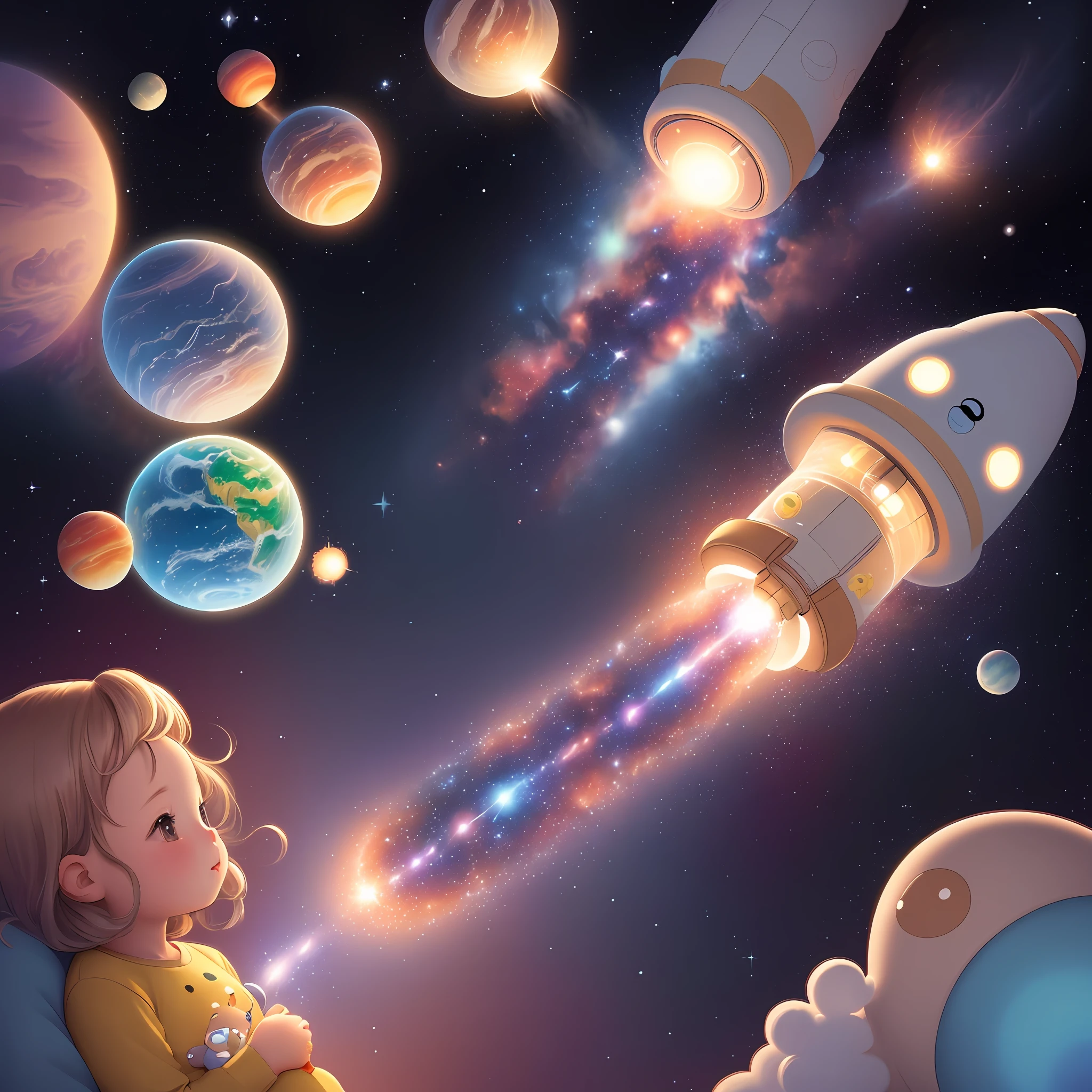 galaxies, rocket, planets, stars illustration for children, cute illustration, cute art, cute characters, cute digital art, illustrated in whimsical style, children&#39;s illustration, cute features, illustration, illustrations, cozy calm, cute detailed digital art