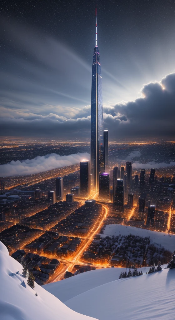 (ultra-detailed, high quality, masterpiece) - A breathtaking night cityscape in the midst of a snowfall, illuminated by the soft glow of a midnight sun.