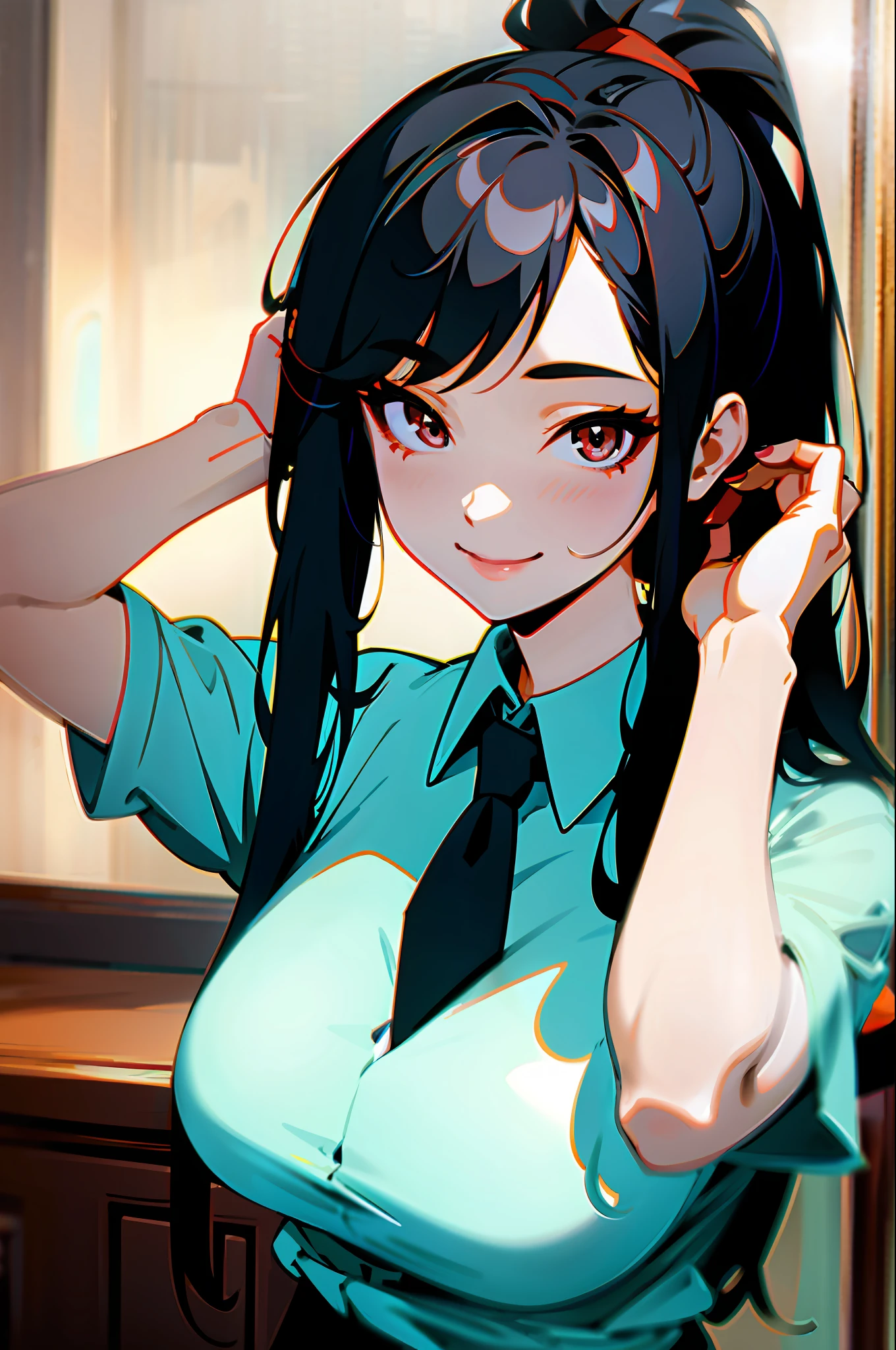Korean girl, black hair, older sister, tying her hair into a ponytail and smiling to the narrator, high definition picture, masterpiece, (beautiful girl, cafe, seductive, virgin, sexy), (secretary),