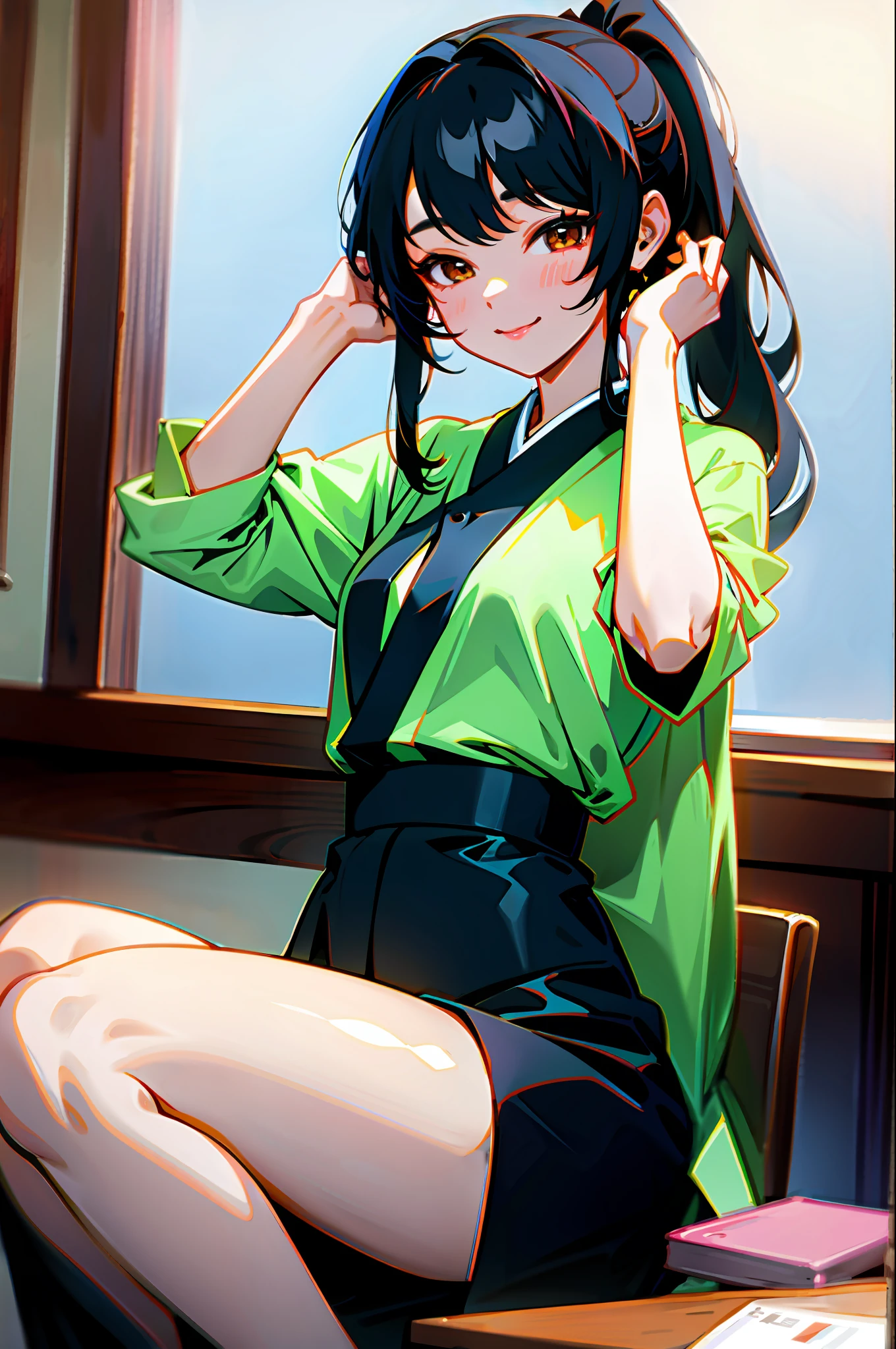 Korean girl, black hair, older sister, tying her hair into a ponytail and smiling to the narrator, high definition picture, masterpiece, (beautiful girl, cafe, seductive, virgin, sexy), (secretary),