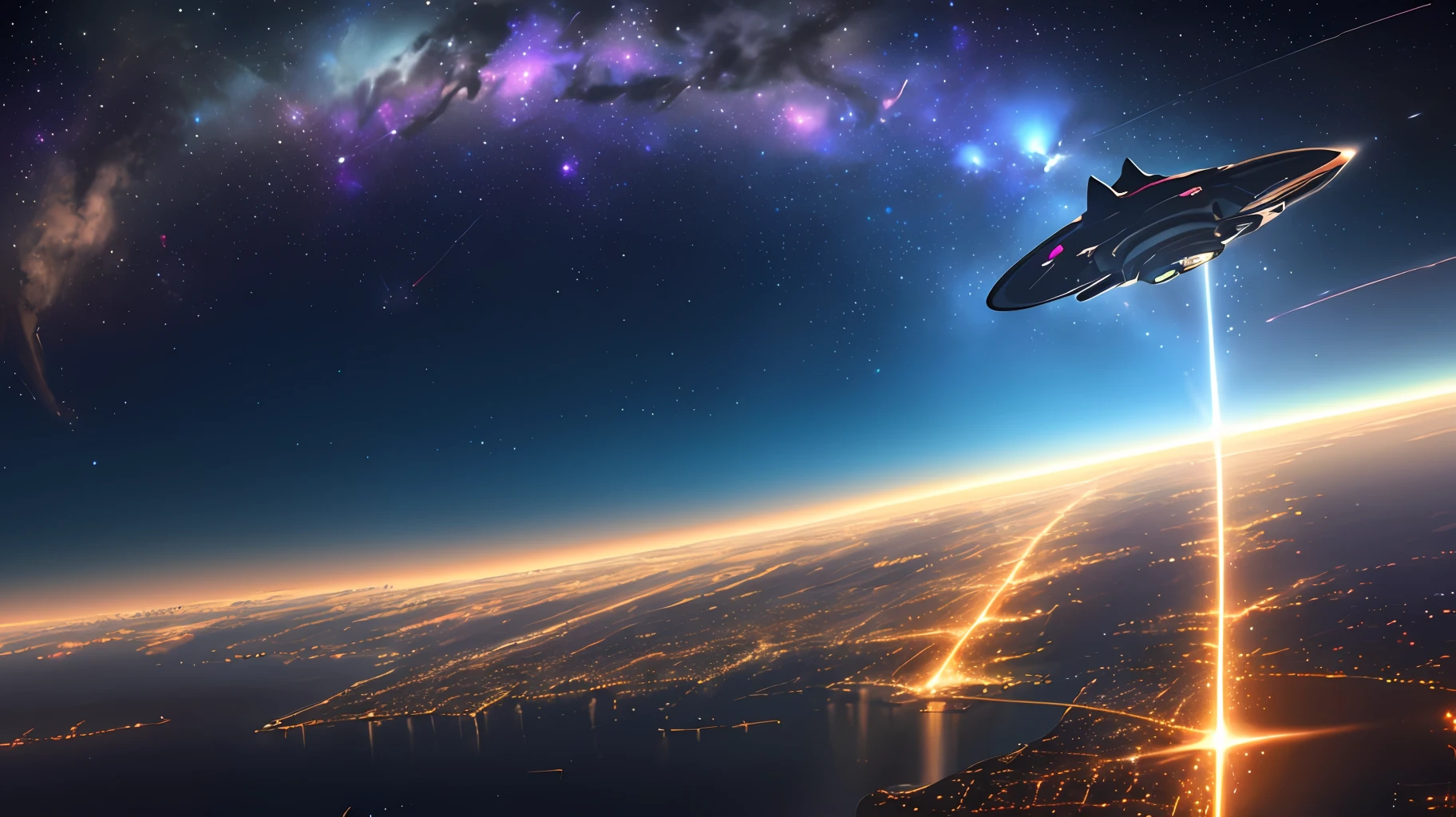 A high-resolution image of futuristic Earth with sprawling metropolises encompassing the entire continent, and above, a variety of spaceships hovering in the air, beaming light down on the cities below. The sky is only partially visible, with the darkness of space glimmering above. The cities are illuminated with bright lights of differing colors, and the stars twinkle in the darkness.