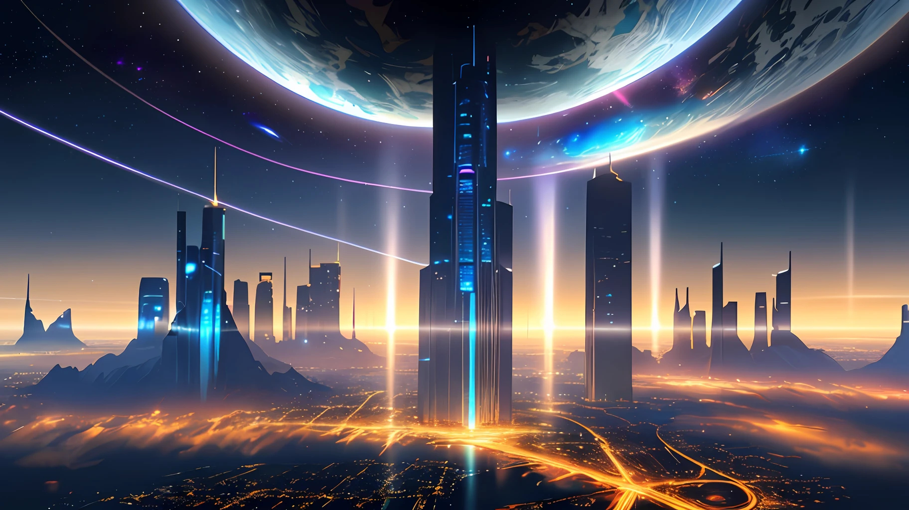 A high-resolution image of futuristic Earth with sprawling metropolises encompassing the entire continent, and above, a variety of spaceships hovering in the air, beaming light down on the cities below. The sky is only partially visible, with the darkness of space glimmering above. The cities are illuminated with bright lights of differing colors, and the stars twinkle in the darkness.