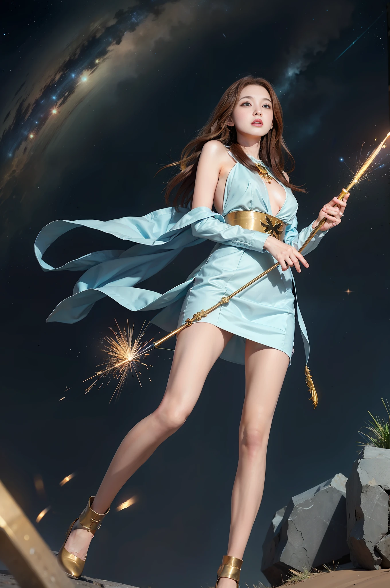 1girl, solo, light blue eyes, brown hair, holding a golden scepter, (HP: 1), running under the starry sky, full body, (official set: 1.5), dullyarts, dust background details, eye details, ore disease lesions \(Tomorrow's Ark\), (realism: 1.4), official art, unreal 8k wallpaper, super detailed, beautiful and aesthetic, masterpiece, best quality, (dynamic angle: 1.4), (floating colorful sparks: 1.2), elegant , bright colors, romanticism, medium breasts