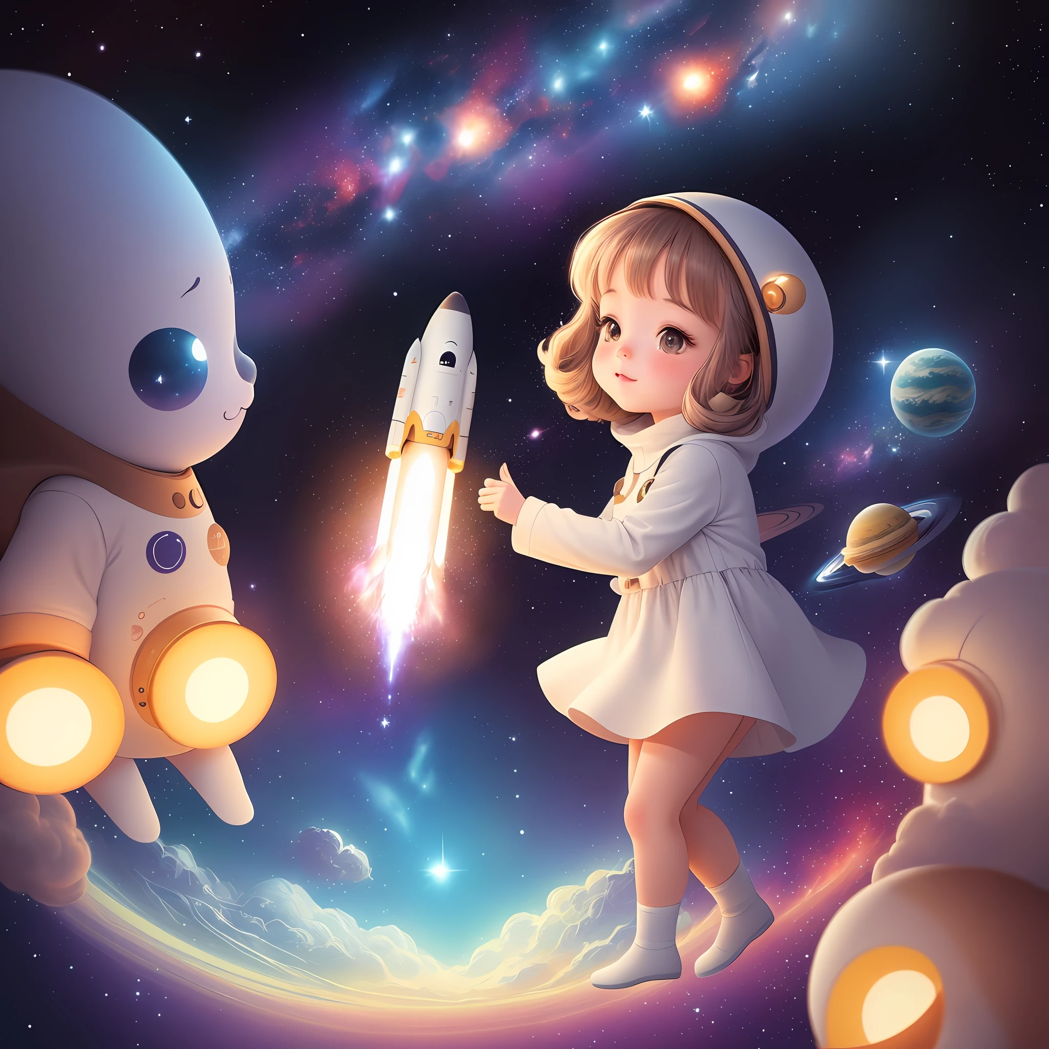 galaxies, rocket, planets, stars illustration for children, cute illustration, cute art, cute characters, cute digital art, illustrated in whimsical style, children's illustration, cute features, illustration, illustrations, cozy calm, cute detailed digital art