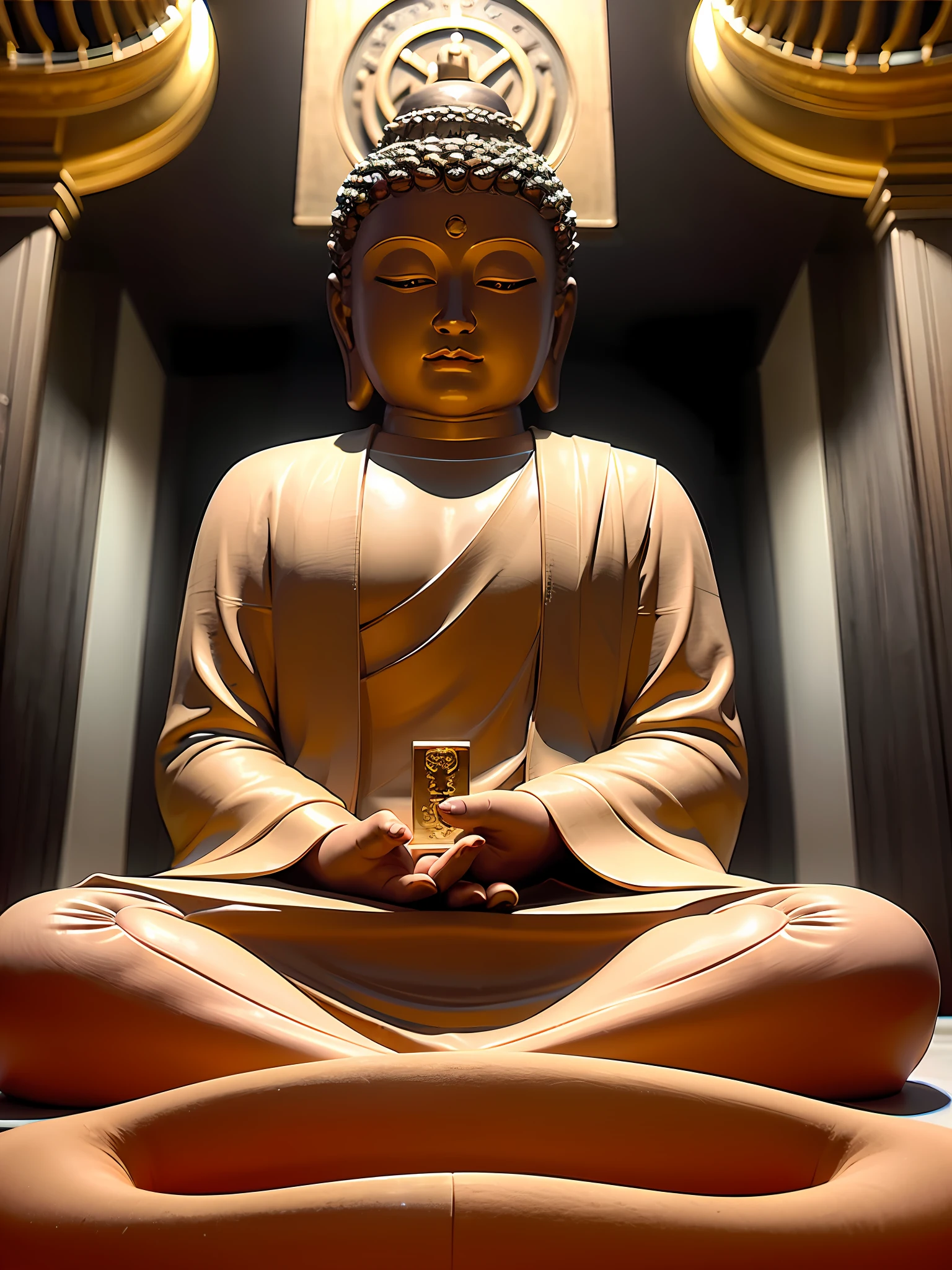Sitting Ksitigarbha Bodhisattva, (gold: 1.2), smooth, upper body, long-sleeved cassock, ray tracing, (metal texture: 1.1), colorful clouds in the background, (best quality: 1.0), (ultra high resolution: 1.0) , 8k, (masterpiece: 0.2), (half-closed eyes: 1.2)