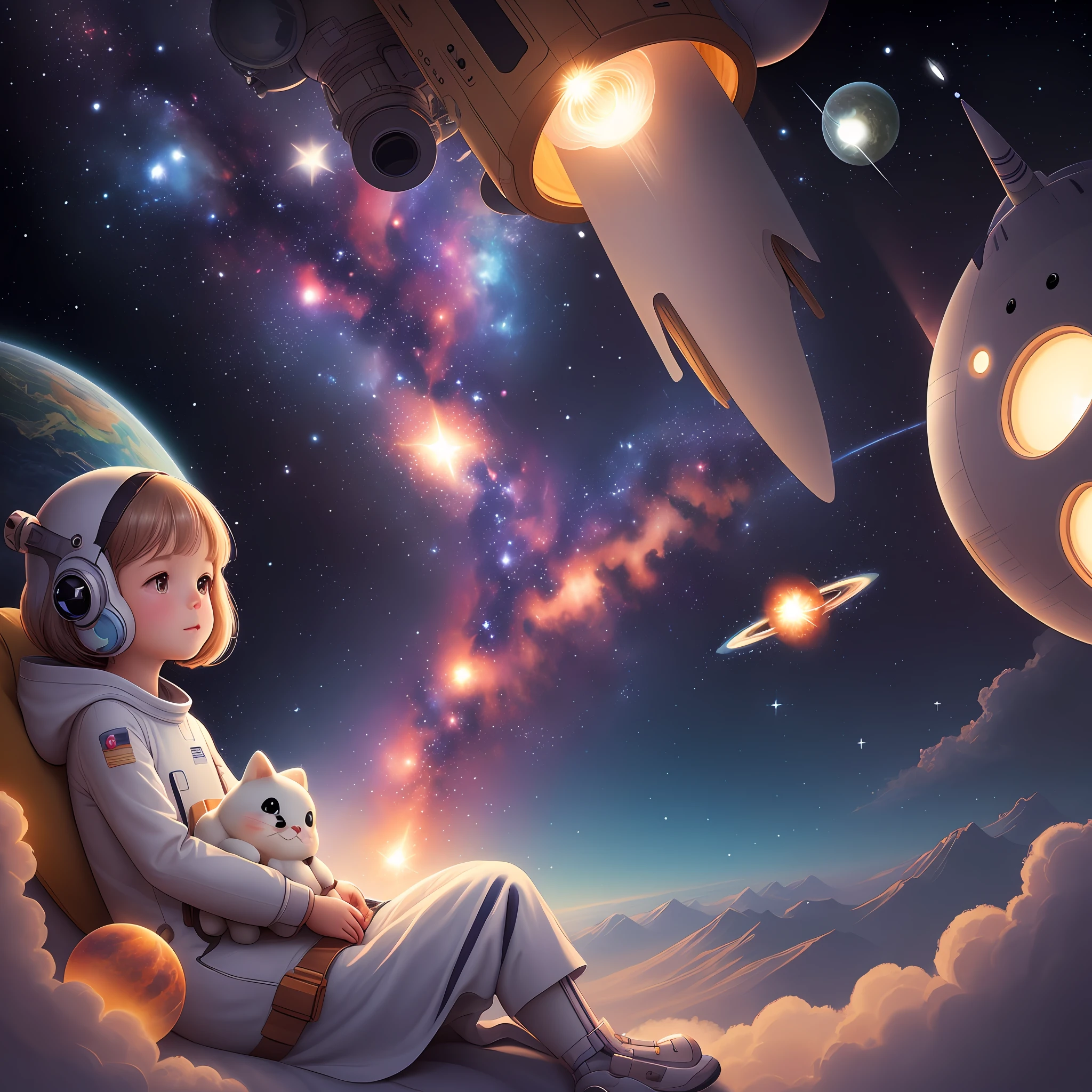 galaxies, rocket, planets, stars cute illustration, cute art, digital art, whimsical, cute features, illustrations, calm and cozy, detailed digital art