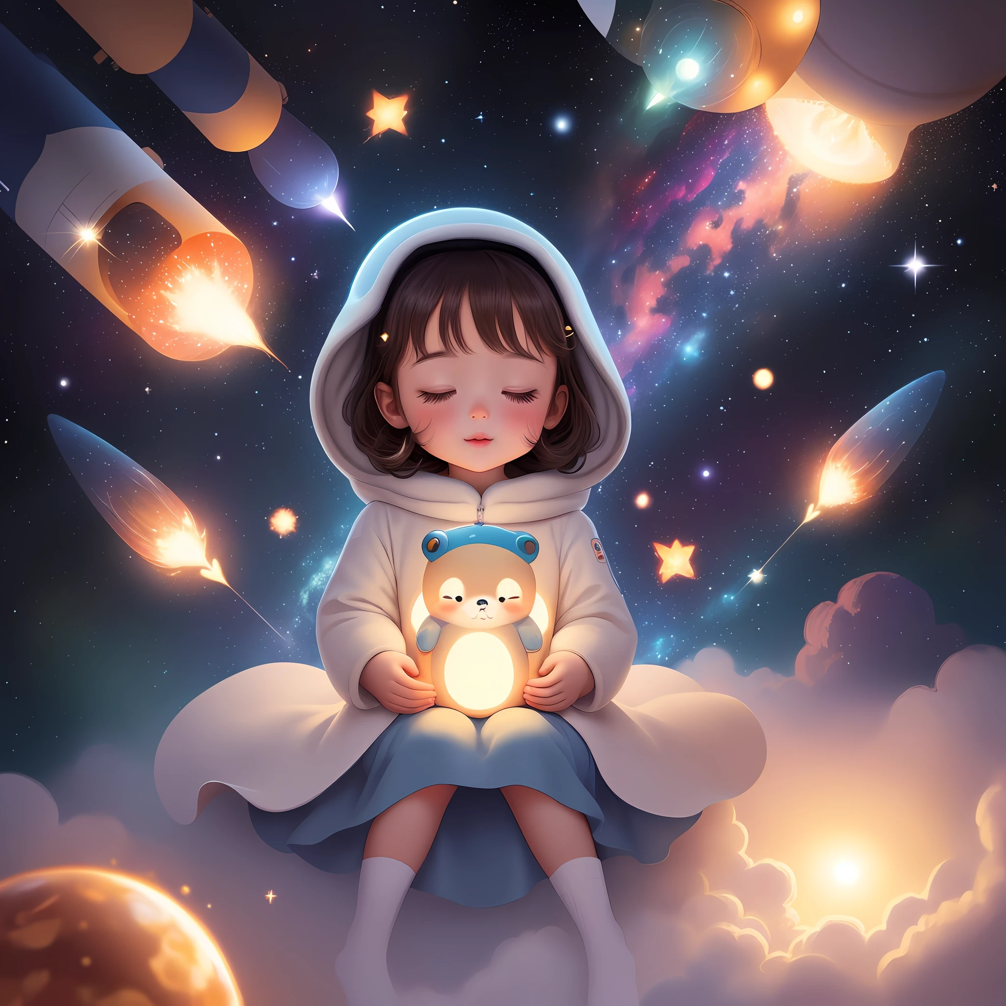 galaxies, rocket, planets, stars children illustration, cute illustration, cute digital art, illustrated in whimsical style, children's illustration, cute features, illustration, illustrations, cozy calm, cute detailed digital art