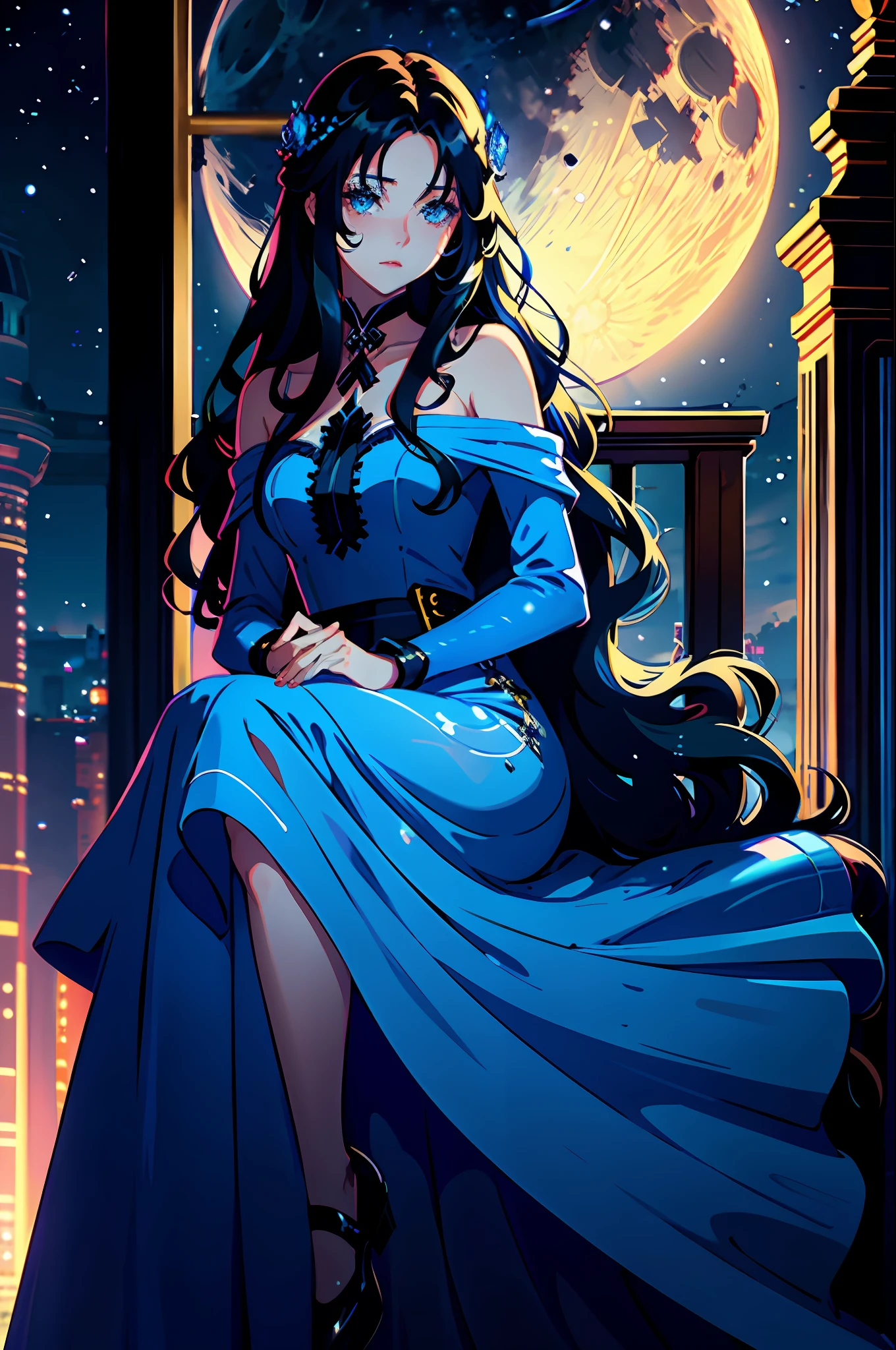 1 girl, alone, long wavy black hair, blue eyes with bright pupils, long dress, close-up, sitting on a throne, night background, full moon, bluish light,