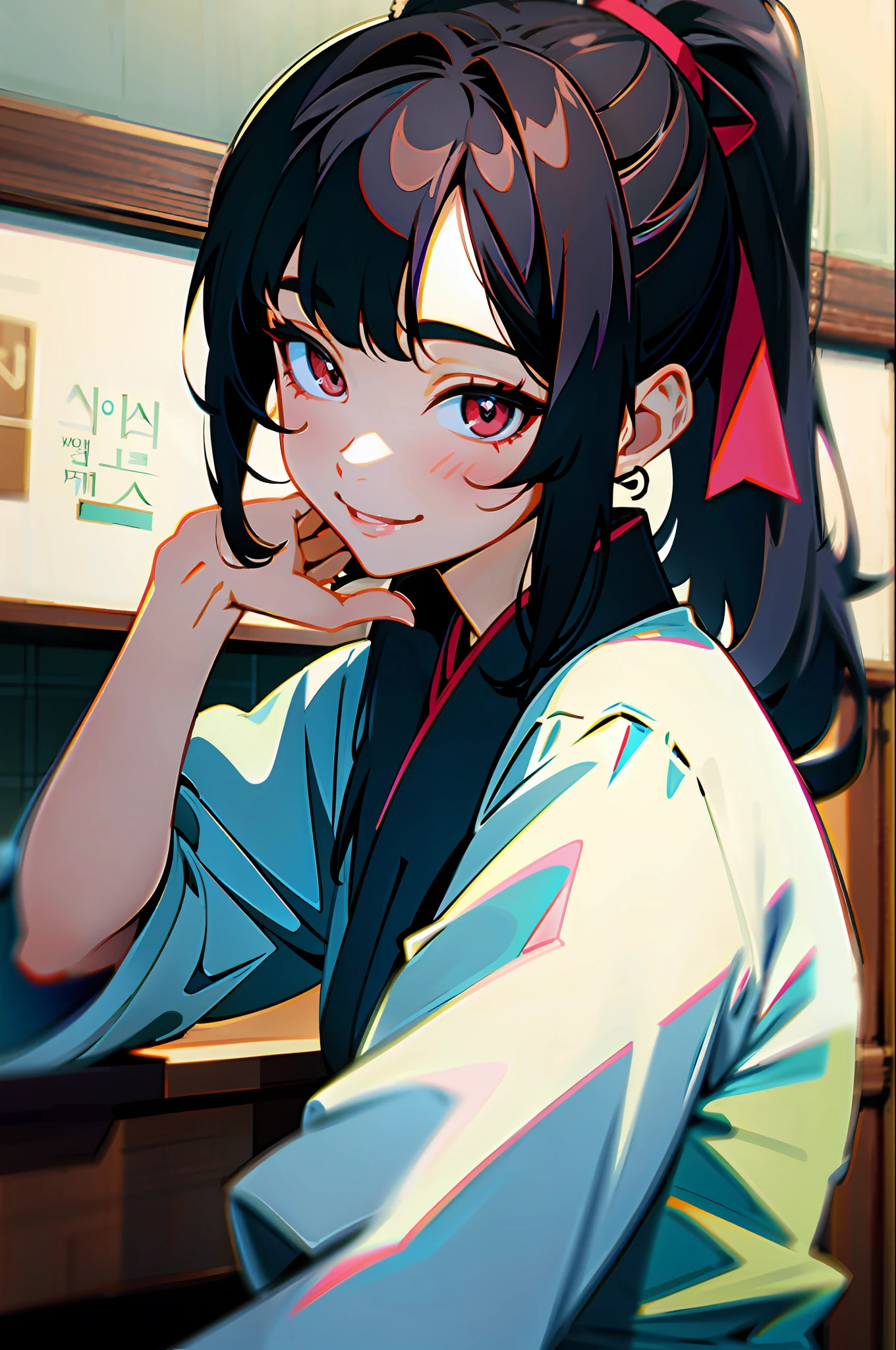 Korean girl, black hair, older sister, tying her hair into a ponytail and smiling to the narrator, high definition picture, masterpiece, (beautiful girl, cafe, seductive, virgin, sexy), (secretary),