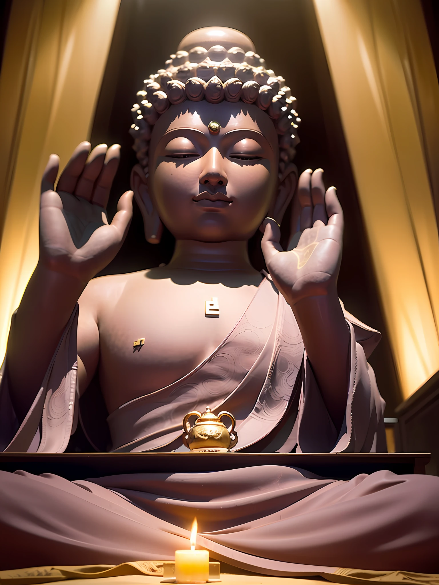 Sitting Ksitigarbha Bodhisattva, (gold: 1.2), smooth, upper body, long-sleeved cassock, ray tracing, (metal texture: 1.1), colorful clouds in the background, (best quality: 1.0), (ultra high resolution: 1.0) , 8k, (masterpiece: 0.2), (half-closed eyes: 1.2)