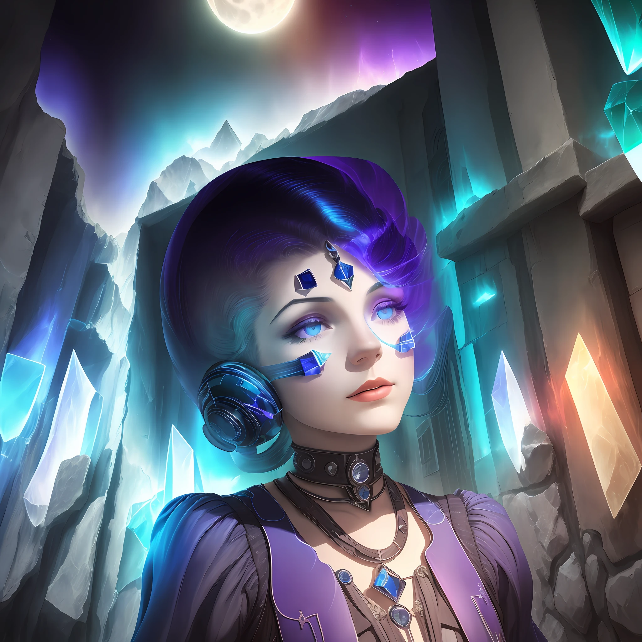 /imagine prompt: electric colors, antonio mora, 1930s, fauvism, crystal cubism, electromagnetic spectrum, dungeons and dragons, cycladic architecture, androgynous outfit, ghost, a stone route to the moon