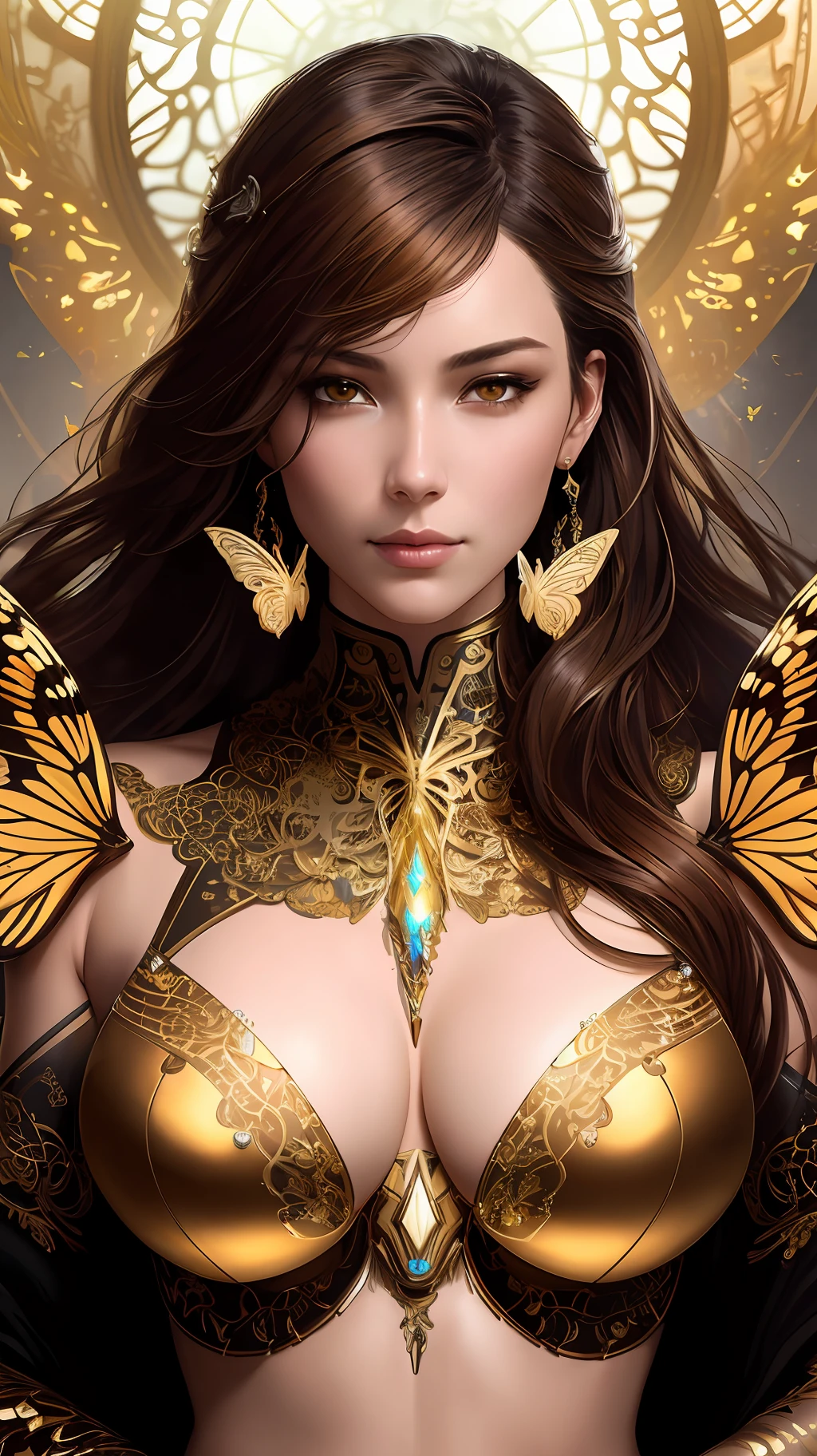 8k portrait of beautiful cyborg with brown hair, intricate, elegant, highly detailed, majestic, digital photography, art by artgerm and ruan jia and greg rutkowski surreal painting gold butterfly filigree, broken glass, (masterpiece, sidelighting, finely detailed beautiful eyes: 1.2), hdr, big boobs
