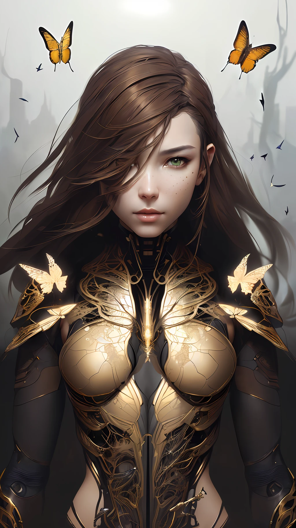 8k portrait of beautiful cyborg with brown hair, intricate, elegant, highly detailed, majestic, digital photography, art by artgerm and ruan jia and greg rutkowski surreal painting gold butterfly filigree, broken glass, (masterpiece, sidelighting, finely detailed beautiful eyes: 1.2), hdr,