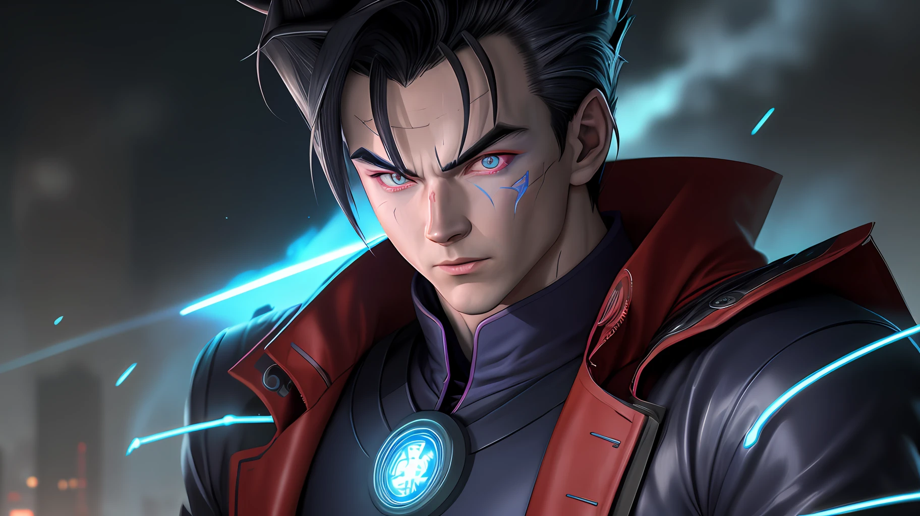 Gohan, Futuristic, Detailed Face, Robotic, Super Detailed, 4k, Flashing Lights, Realistic, Blue Neon Lights, Film Lighting, Scar Details, Red Pupils, Black Overcoat, Dark City, Gray Smoke, Sherlock Holmes Style