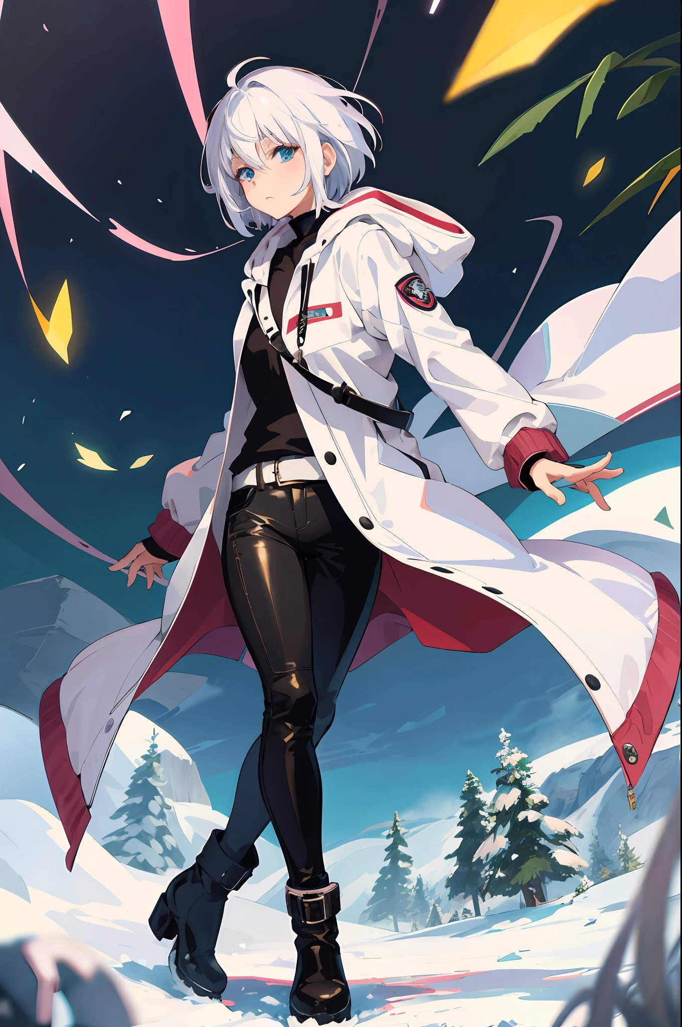 Adult anime girl with short white hair, black jeans, black boots, a leather jacket, white coat with a hood, in a forest, windbreaker