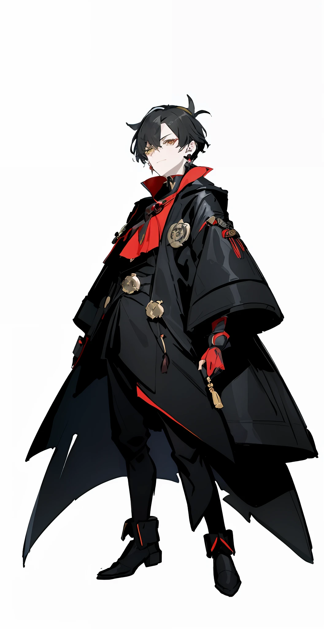 Anime characters are dressed in red collar red black red clothes, full body black red long coat, royal attire, inspired by Okumura Masanobu, illustration by Soejima Shigenori, original god keqing, heise jinyao, hijikata toushirou, ((wearing noble robes)), Zhong Li from genshin impact, gold texture, leather clothing, high reflectivity