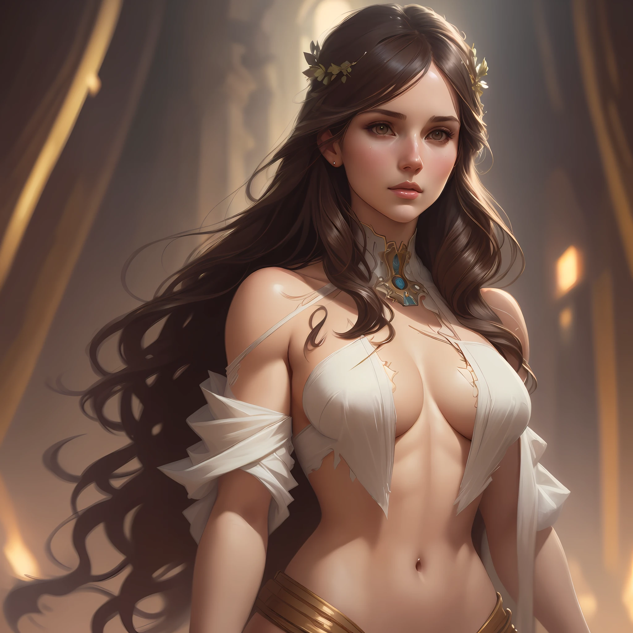 Olivia Casta, highly detailed, digital painting, artstation, concept art, sharp focus, illustration, art by greg rutkowski and alphonse mucha, beautiful face, ripped clothes, small waist, elegant, attractive, goddess, pretty, beautiful model, 4K