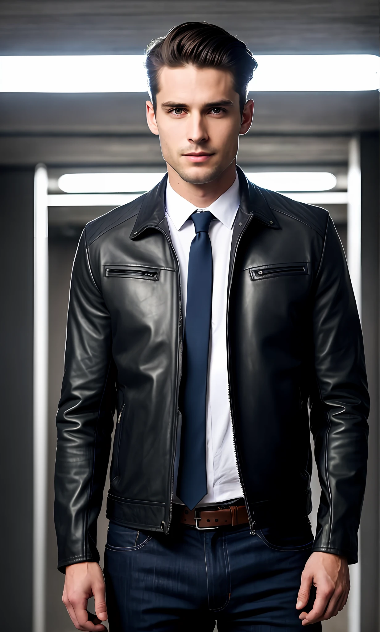 2.5D, (realism: 1.37), 25-year-old man, European and American face, shooting game character, cool guy, no beard, handsome hairstyle, wearing a shirt inside, leather jacket outside, loose tie, {holding in hand Pistol}, cool and handsome, game CG, portrait of seven clones, 8k, uhd, film light, high quality
