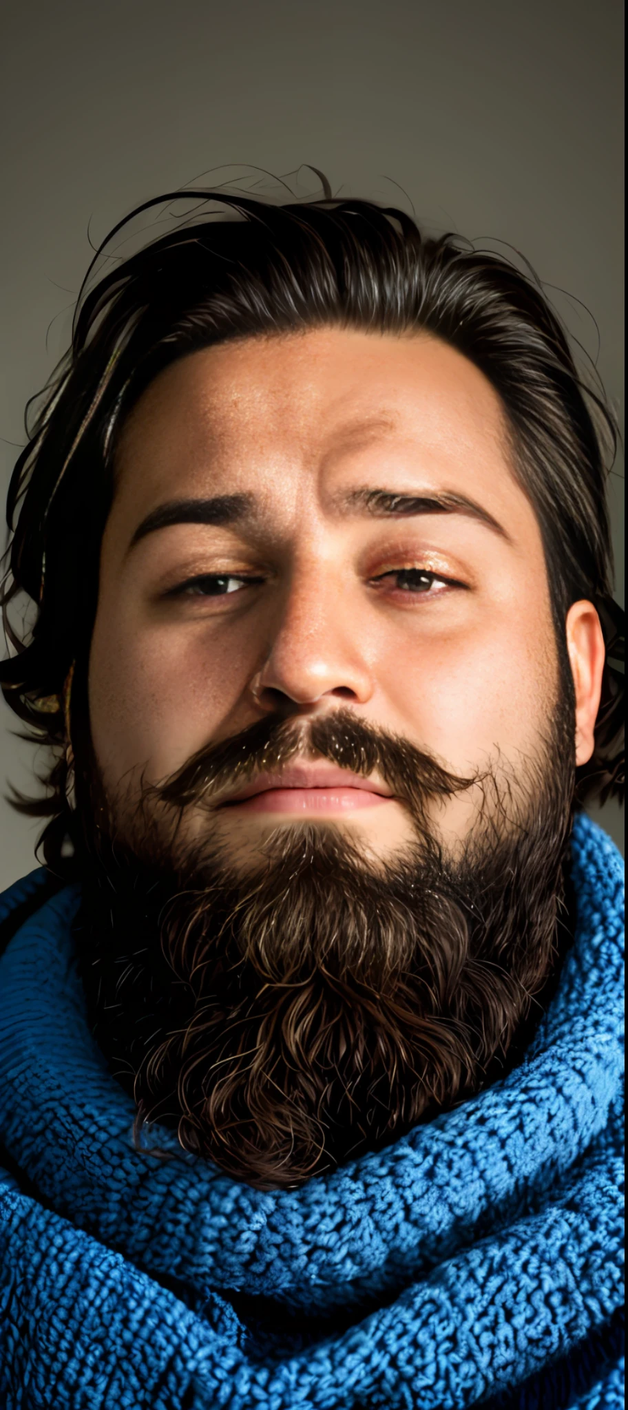 arafed man with a beard and a blue blanket on a couch, unkempt beard, selfie of a man, face with beard, sweaty face, long unkempt beard, neckbeard, exhausted face close up, twitch streamer / gamer ludwig, full beard, unkempt hair and beard, very detailled face, man with beard, with no beard