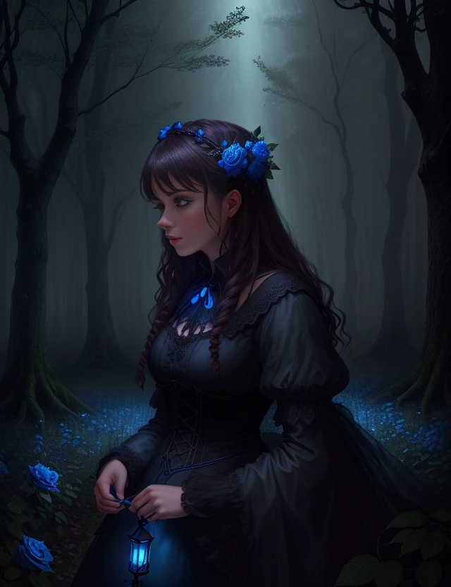 Malvina in a dark forest, gothic landscape, digital drawing, realistic photo, close-up, detailed drawing, night, fog, tree trunk twined with climbing blue roses, blue rosebuds, lanterns on the branches