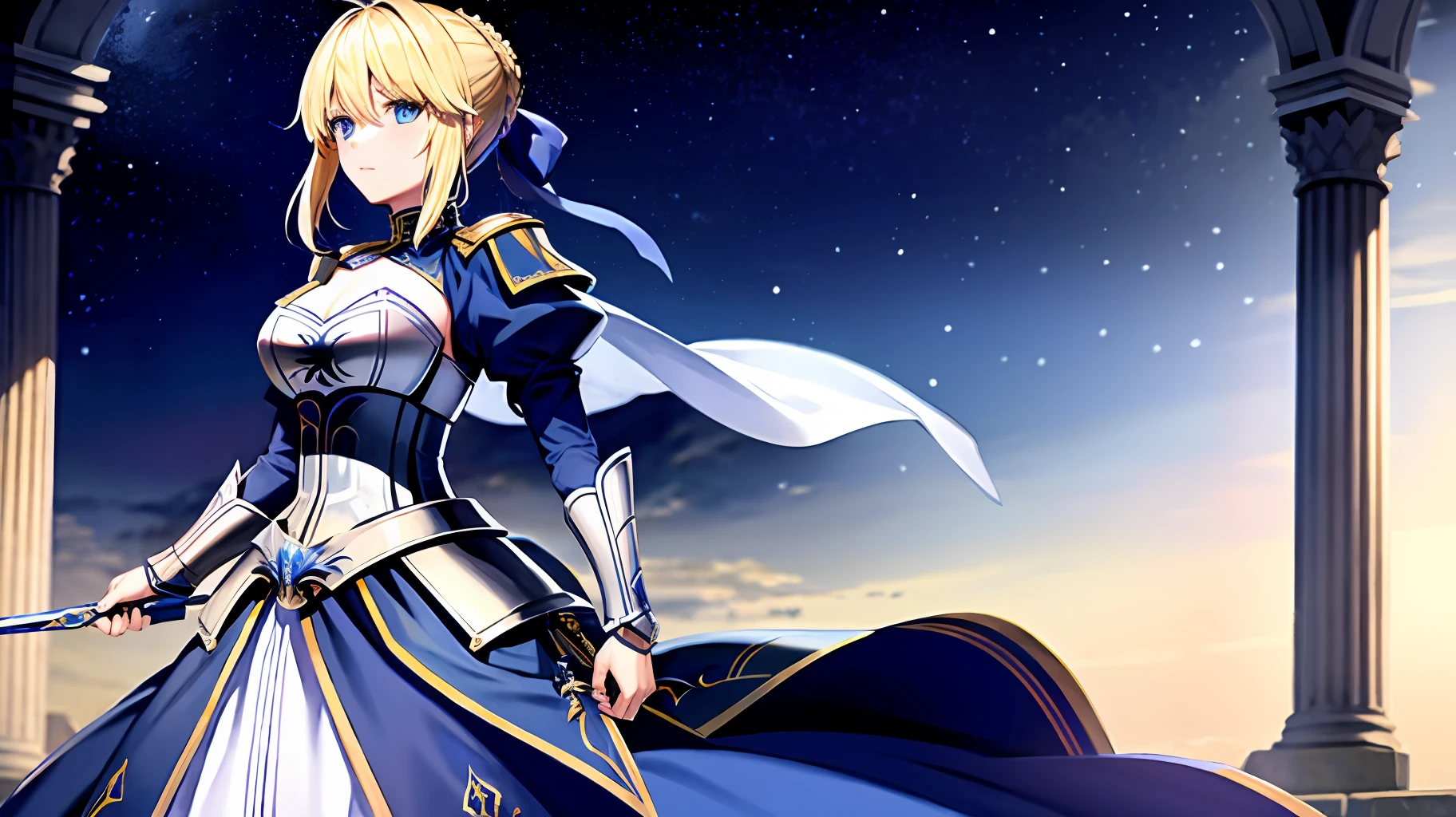 masterpiece, super high quality, super high detail, 8k, best quality, highly detailed lighting, best shadows, saber, artoria pendragon, 1girl, blond hair, blue eyes, royal knights attire, standing in front of a castle at daybreak,