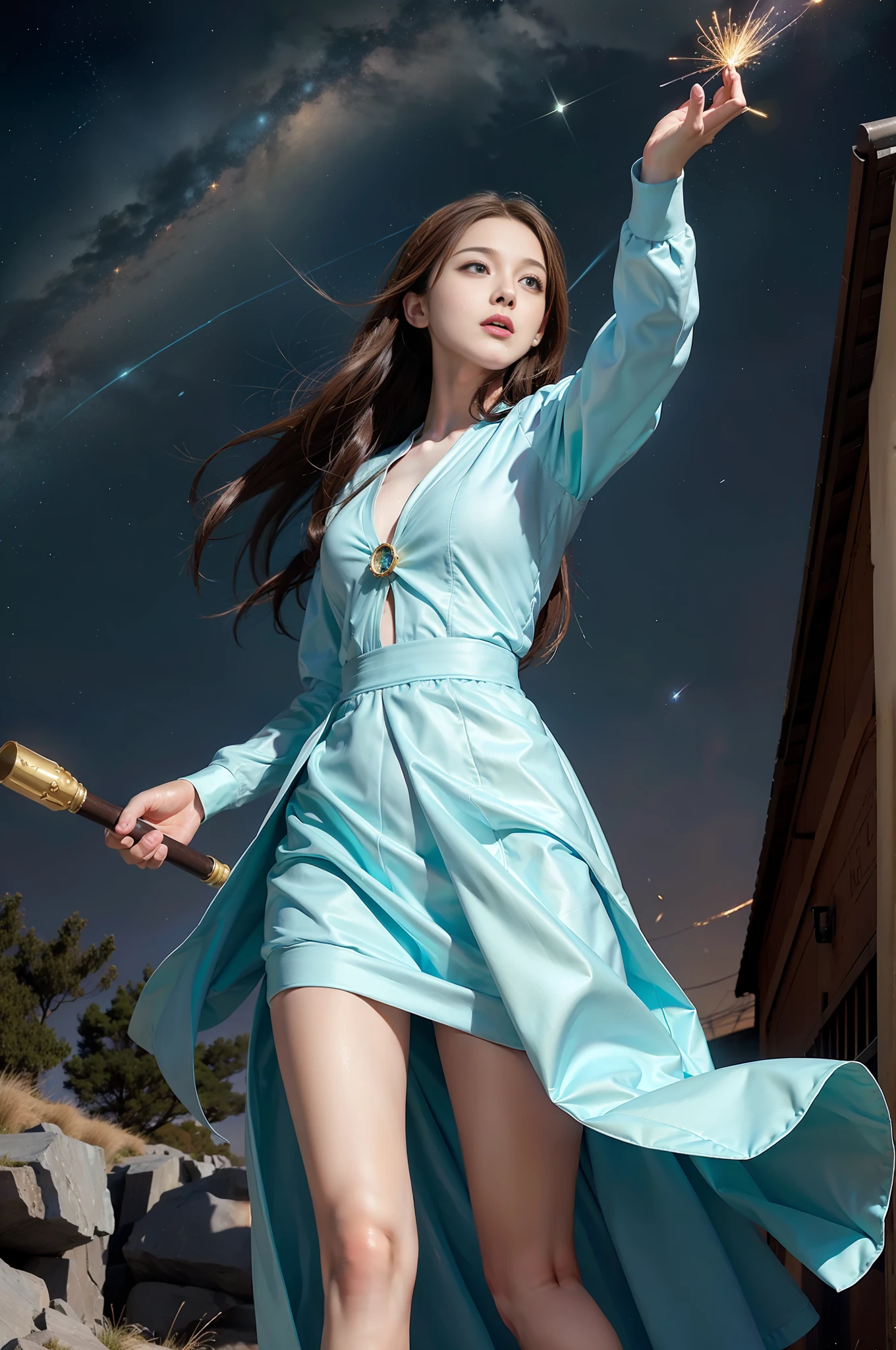 1girl, solo, light blue eyes, brown hair, holding a golden scepter, (HP: 1), running under the starry sky, full body, (official set: 1.5), dullyarts, dust background details, eye details, ore disease lesions \(Tomorrow&#39;s Ark\), (realism: 1.4), official art, unreal 8k wallpaper, super detailed, beautiful and aesthetic, masterpiece, best quality, (dynamic angle: 1.4), (floating colorful sparks: 1.2), elegant , bright colors, romanticism, medium breasts