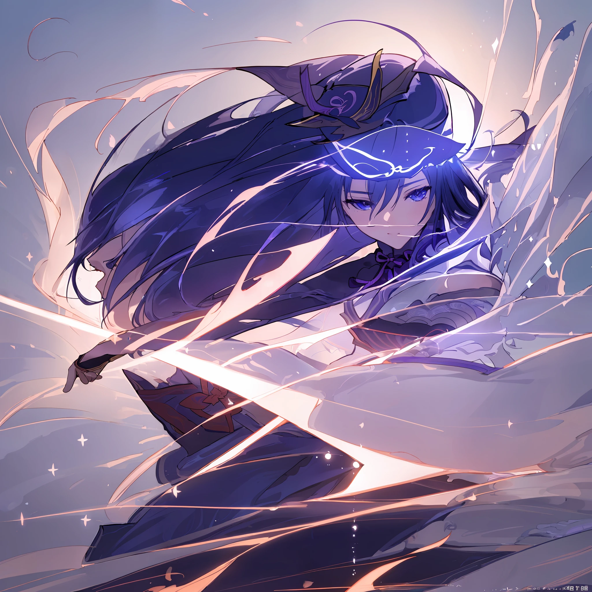 (floating),(high resolution),(raiden shogun:1.2),(portrait:1.1),(detailed and delicate),(dynamic pose),(bright and vivid illumination),(sparkling eyes),(long hair),(flowing fabric),(flowing hair).