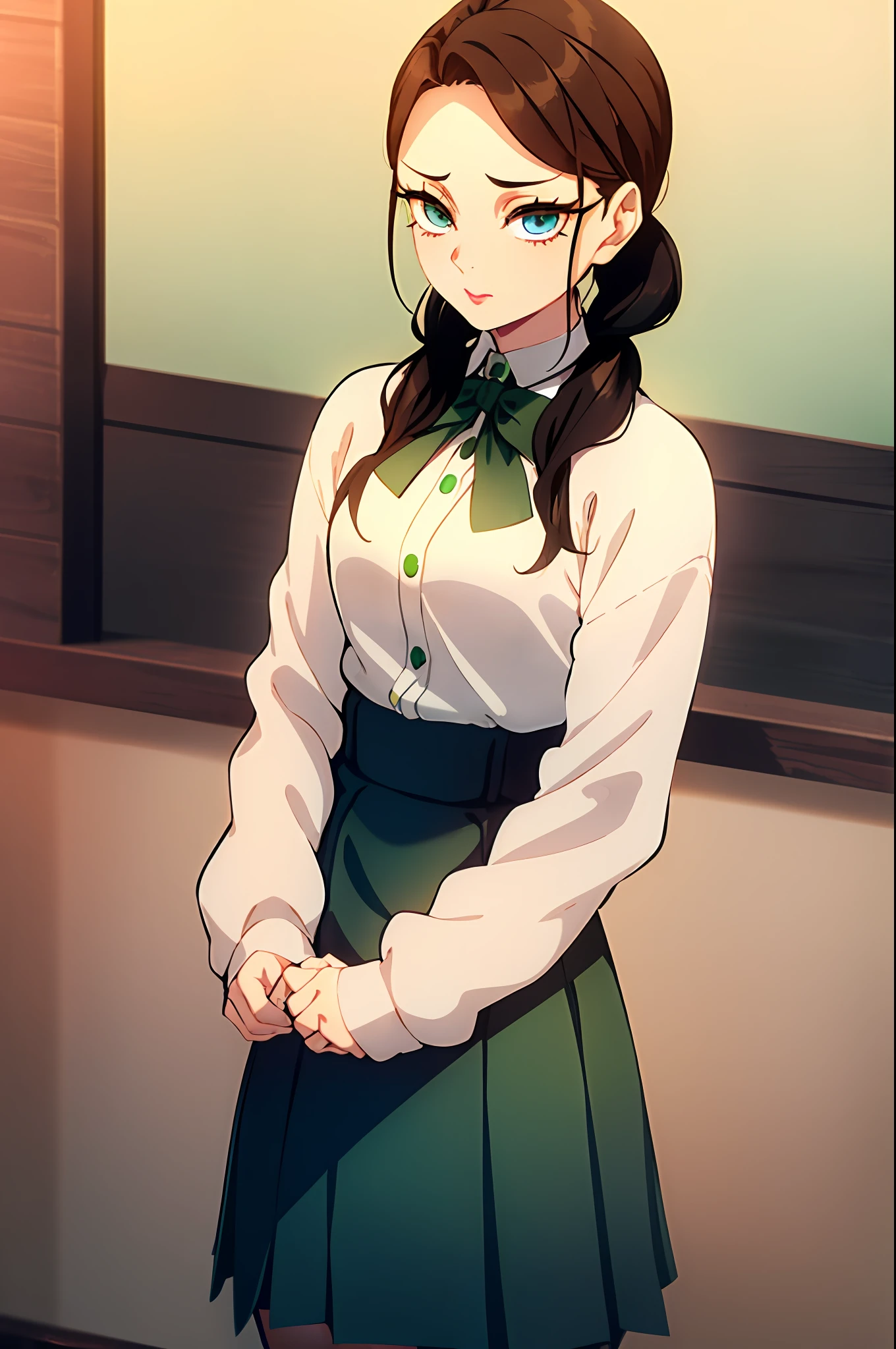a sexily posed young gorgeous woman with brown hair tied in pigtails by green ribbons and blue eyes. She draws the viewer's gaze with her super puffy lips. She wears a schoolgirl uniform made up of a white blouse, black tie, red cardigan and green skirt. She exudes an allure that is both captivating and irresistible with waspish waist, pale skin, high cheekbones, small button nose, long eyelashes