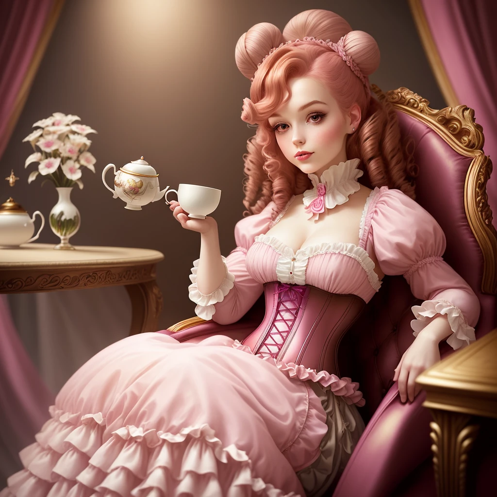 a woman sitting in a chair with a bird in her hand, tight gigantic pink curls, natalie shau, is ((drinking a cup of tea)), elaborate hair worn up, powdered wig, brown hair in two buns, cosplay, elegantly posing over you, pastry, cascading hair, corset