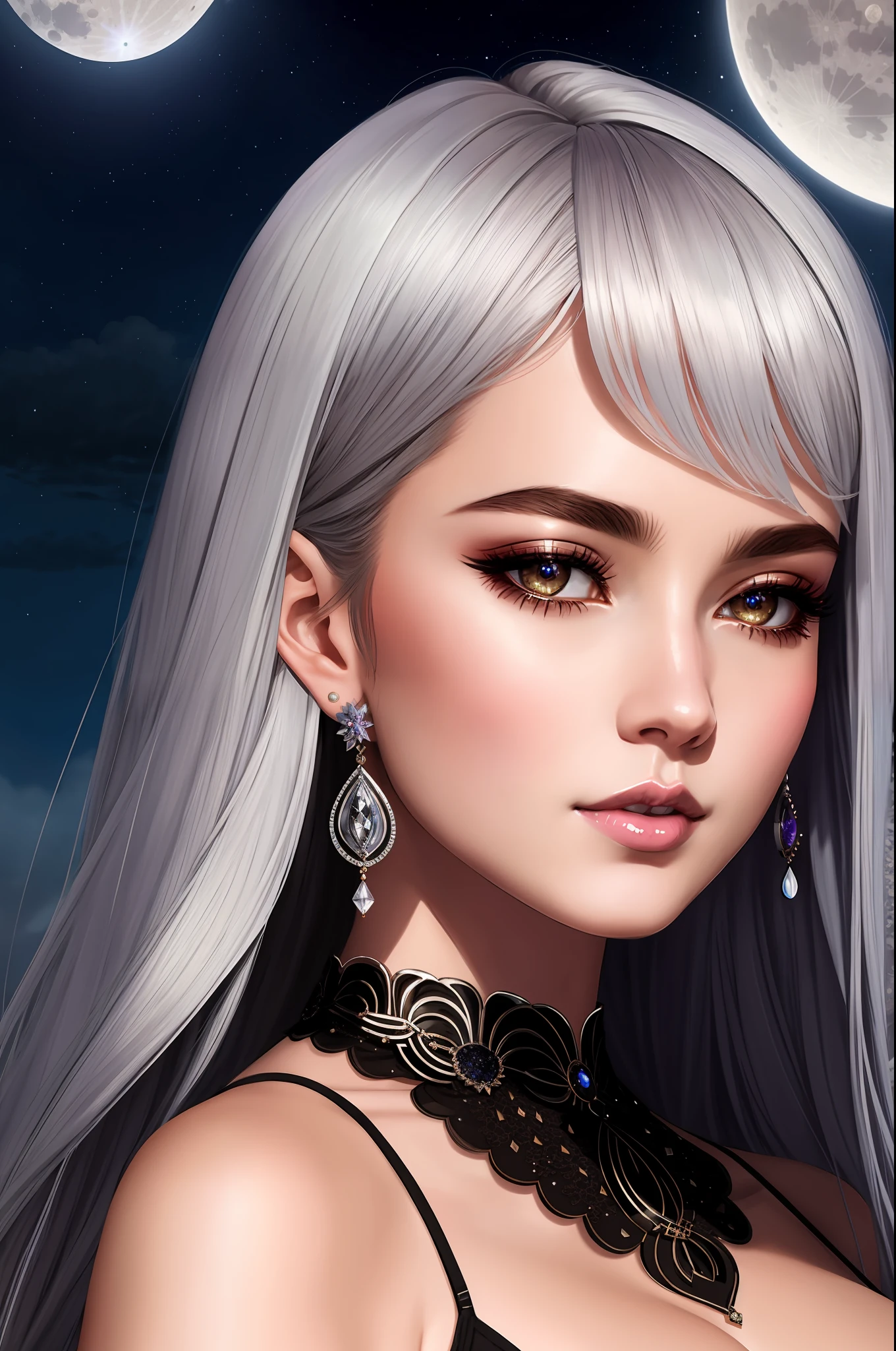 portrait of a beautiful women, extreme big breasts, shiny silver dress, no emotions, silver lips, long shiny silver hair, silver eyes, realism, moon goddess, scythe, detailed night background, forest, night, masterpiece, beautiful quality, high quality, proportional body, realistic, solo, high quality background, high quality outfit, shimmering skin, lunar earrings, lunar goddess, dreamlikeart, samdoesart, kuvshinov