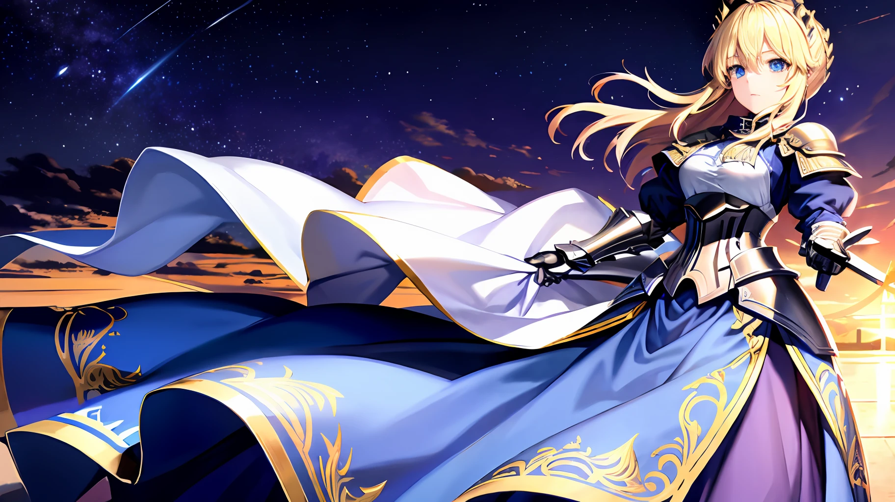 masterpiece, super clear image, no blur, highly detailed eyes, super high quality, super high detail, 8k, best quality, highly detailed lighting, best shadows, saber, artoria pendragon, 1girl, blond hair, blue eyes, royal knights attire, standing in front of a castle at daybreak,