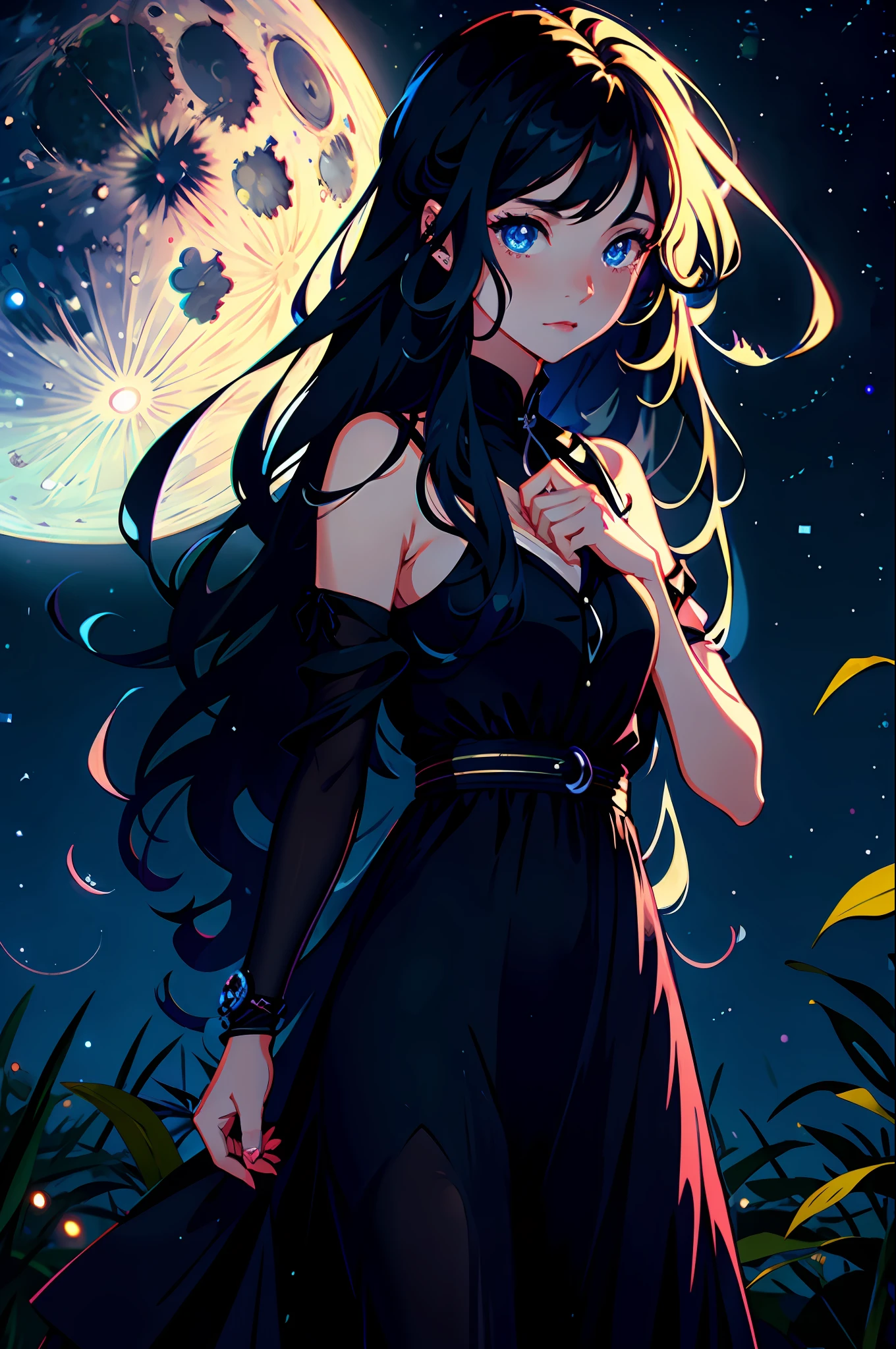 1 girl, alone, long wavy black hair, blue eyes with bright pupils, long dress, close-up, nature background, night background, full moon, bluish light,