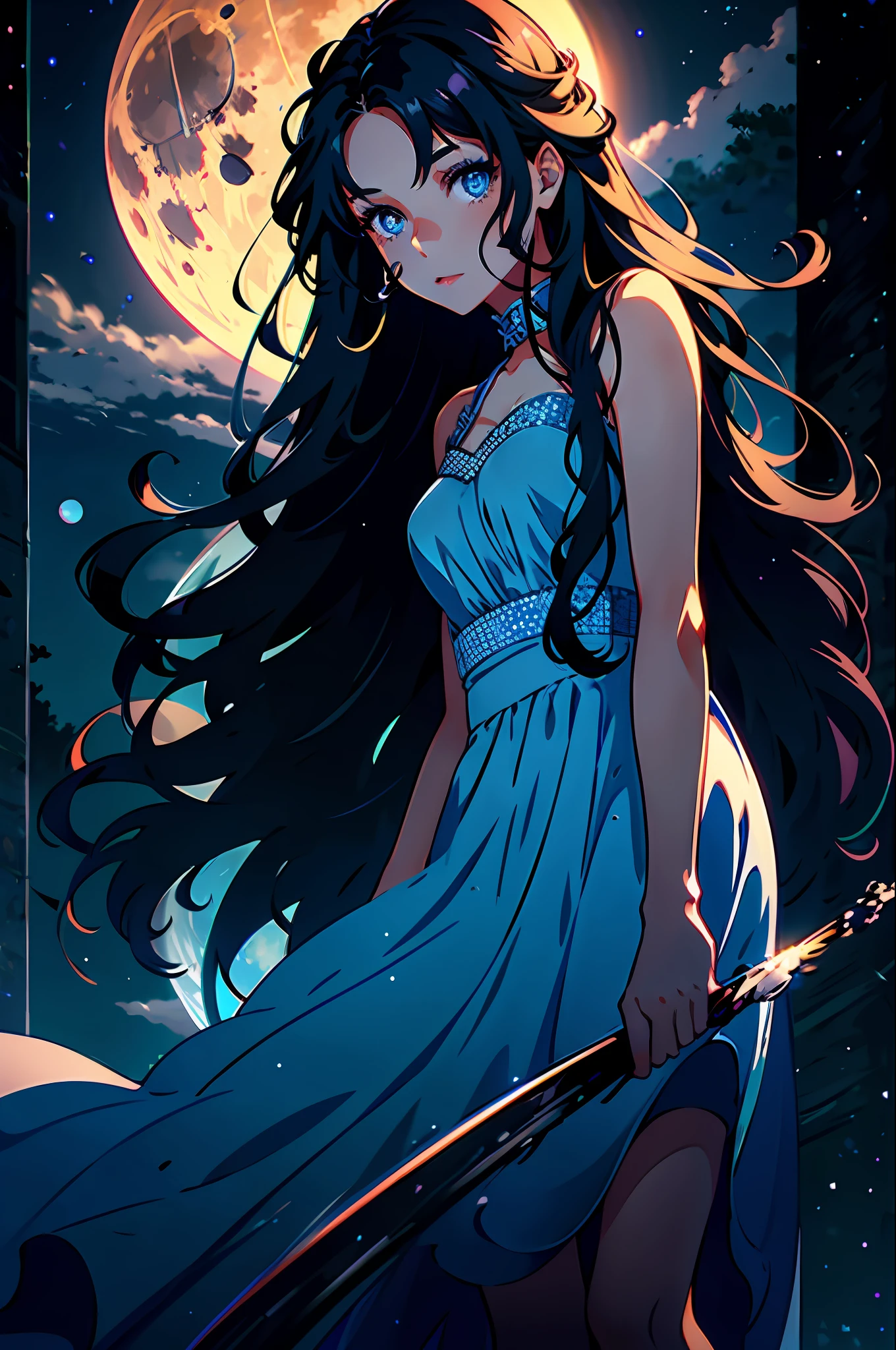 1 girl, alone, long wavy black hair, blue eyes with bright pupils, long dress, close-up, nature background, night background, full moon, bluish light,